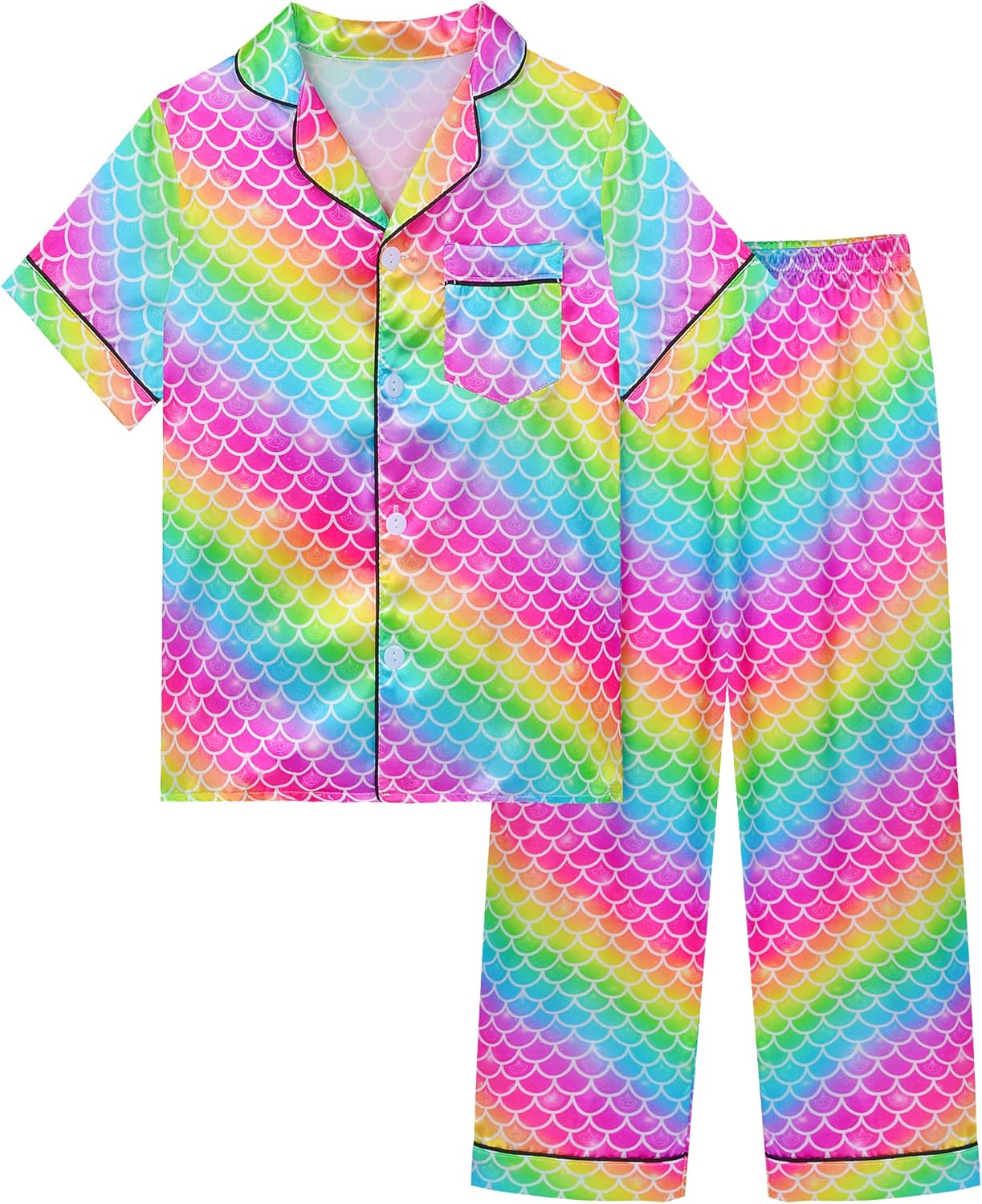 Sylfairy Girls Satin Pajamas Silk PJS Set Rainbow Unicorn Sleepwear Short Sleeve Long Pants Jammies for Toddler Kids