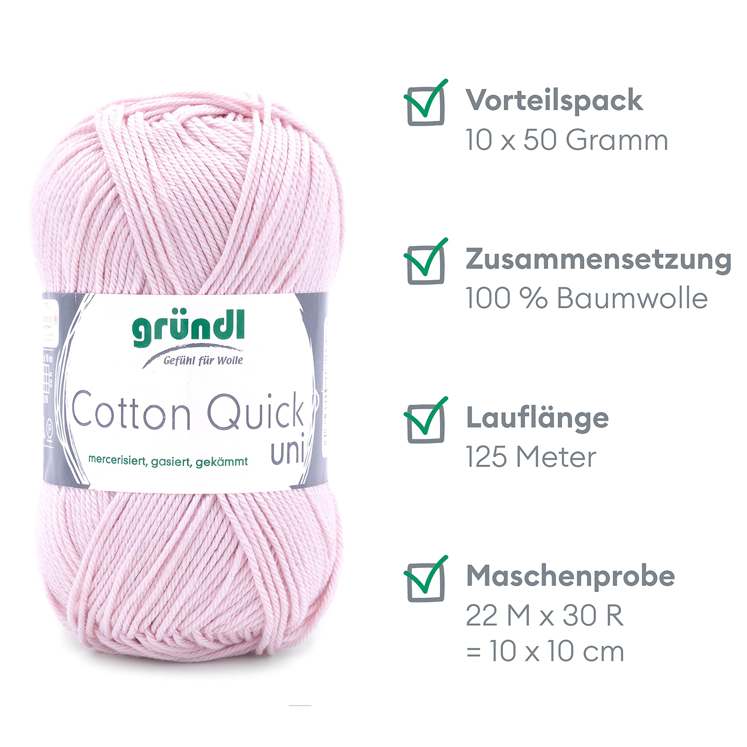 Gründl Wolle Cotton Quick uni - dünne Wolle zum Häkeln - Strickgarn - Häkelgarn - Glänzend und hautfreundlich - 100% Baumwolle - 10 Knäuel / 125 m - Nadelstärke 3-4 - Rose – Bild 2