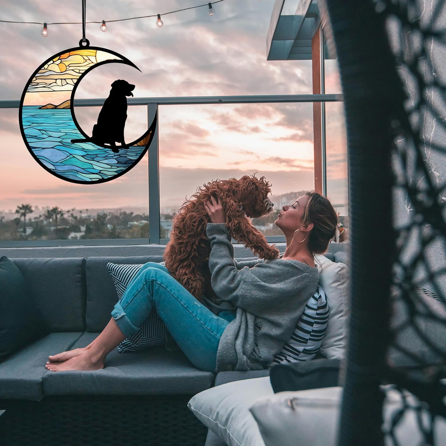 4.7 Inches Pet Memorial Gifts for Dogs, Personalized Dog Sympathy Gifts for Dog Lovers, Angel Dog Memorial Suncatcher, Pet Loss Sympathy Gift, Dog Passing Away Gifts with Black Dog Figurine on Moon