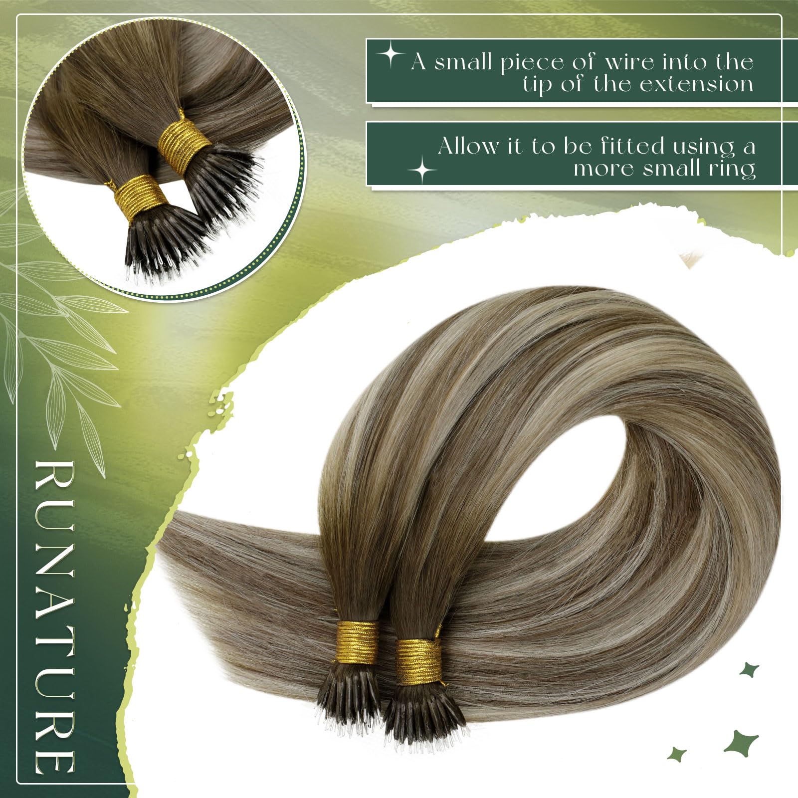 RUNATURE 22 Inch Nano Hair Extensions Real Human Hair Brown Nano Beads Hair Extensions Human Hair Balayage Light Brown to Medium Blonde Invisible Nano Rings Straight Remy Hair 50g 50s #3/8/22 - Image 3