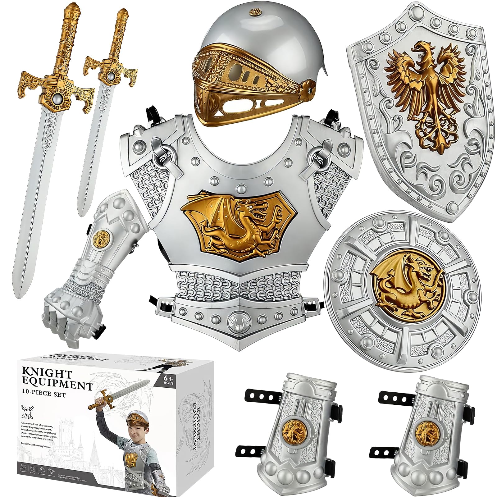 Kids Medieval Knight Armor Costume Set with Helmet, Shields, Chest Piece, Swords and Cape, Halloween Birthday Gifts for Kids Pretend Role Play Plastic Toy Royal Silver Knight Dress Up
