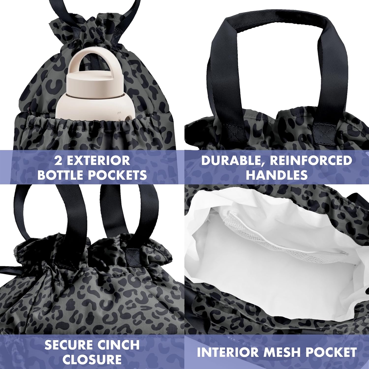 Fit & Fresh Cromwell Drawstring Lunch Bag for Women, Complete Lunch Set with 2 Containers, Stain-Resistant, Leak-Resistant, Back to School Essential, Teacher Lunchbox, Black Cheetah - Image 6