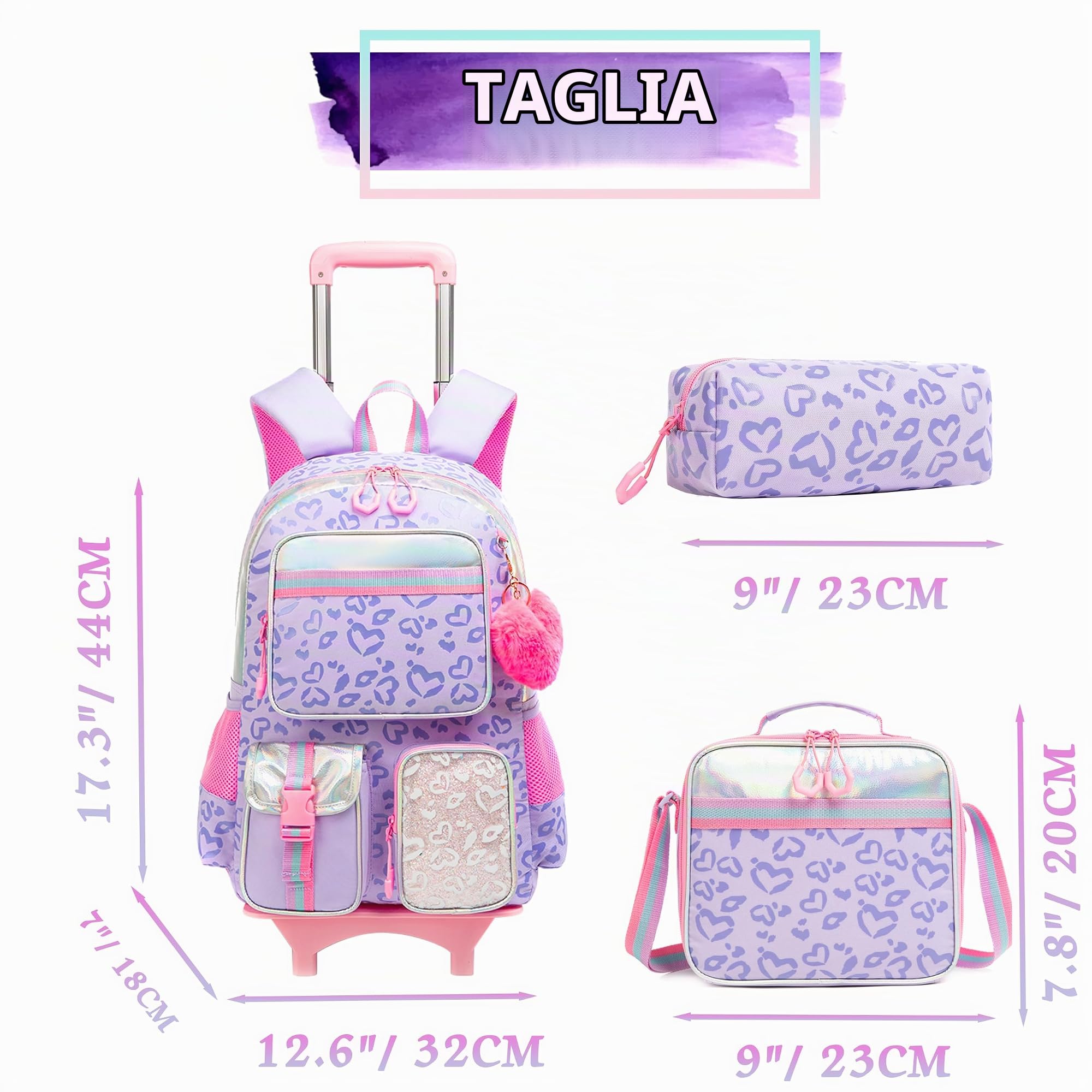 HTgroce Zaino Trolley Scuola Elementare, Zaino Scuola Elementare Bambina Set, Trolley 2 in 1 con Spallacci Per Zaino Bambini