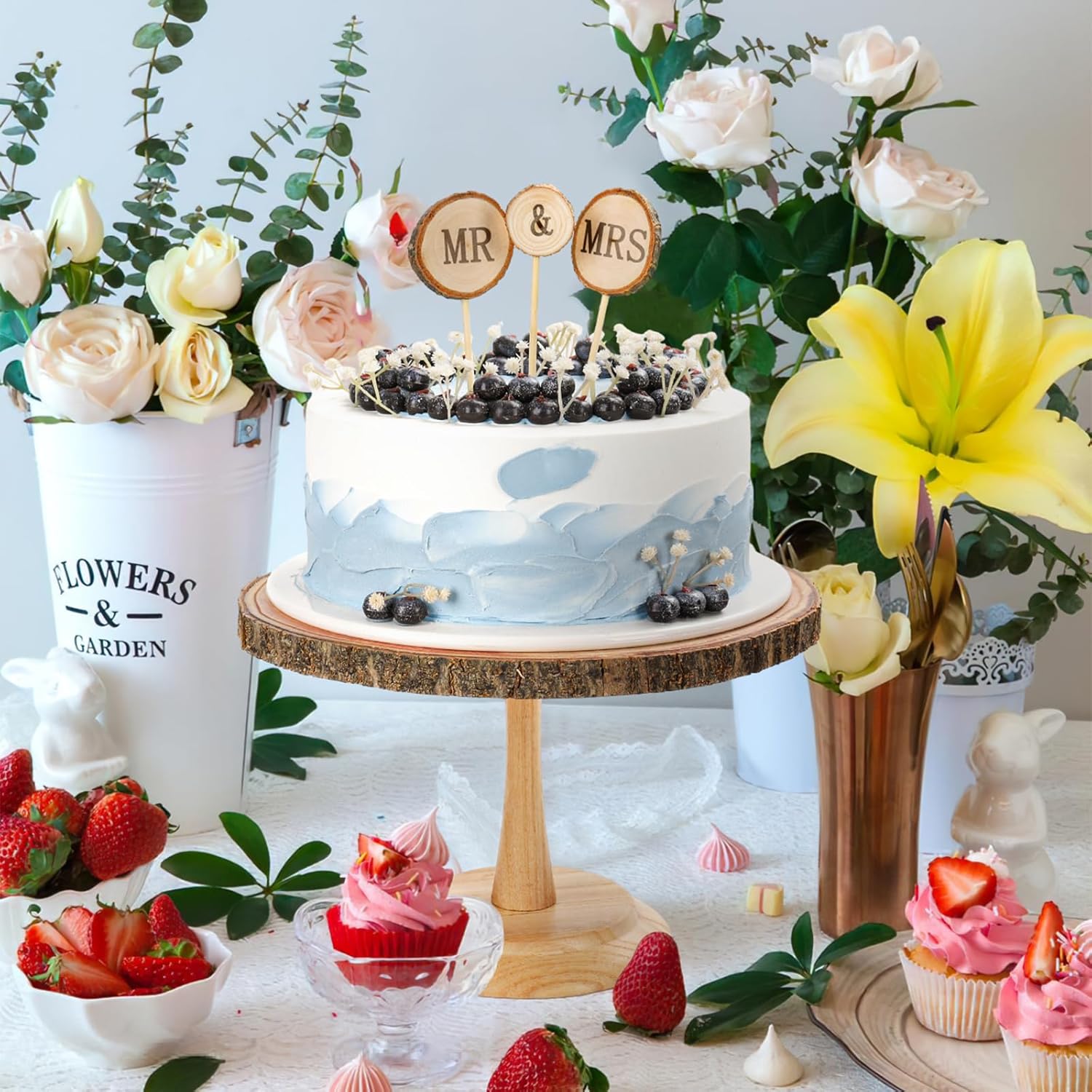 Wood Cake Stand- /w Wooden Slice Cake Topper and Cake Cutting Set, 12” Rustic Wedding Cake Stand, Wooden Cake Stand for Wedding Receptions or Any Special Events