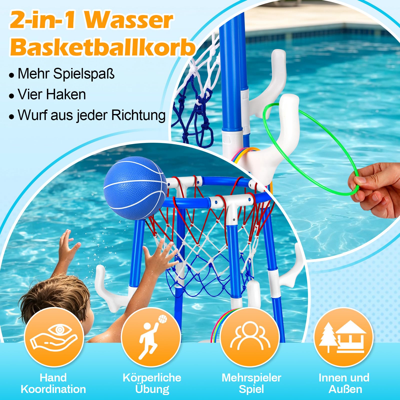 Pool Basketballkorb 2-in-1 Schwimmender Basketball Hoop für Kinder Erwachsene mit 2 Bällen 12 Ringen Pumpe