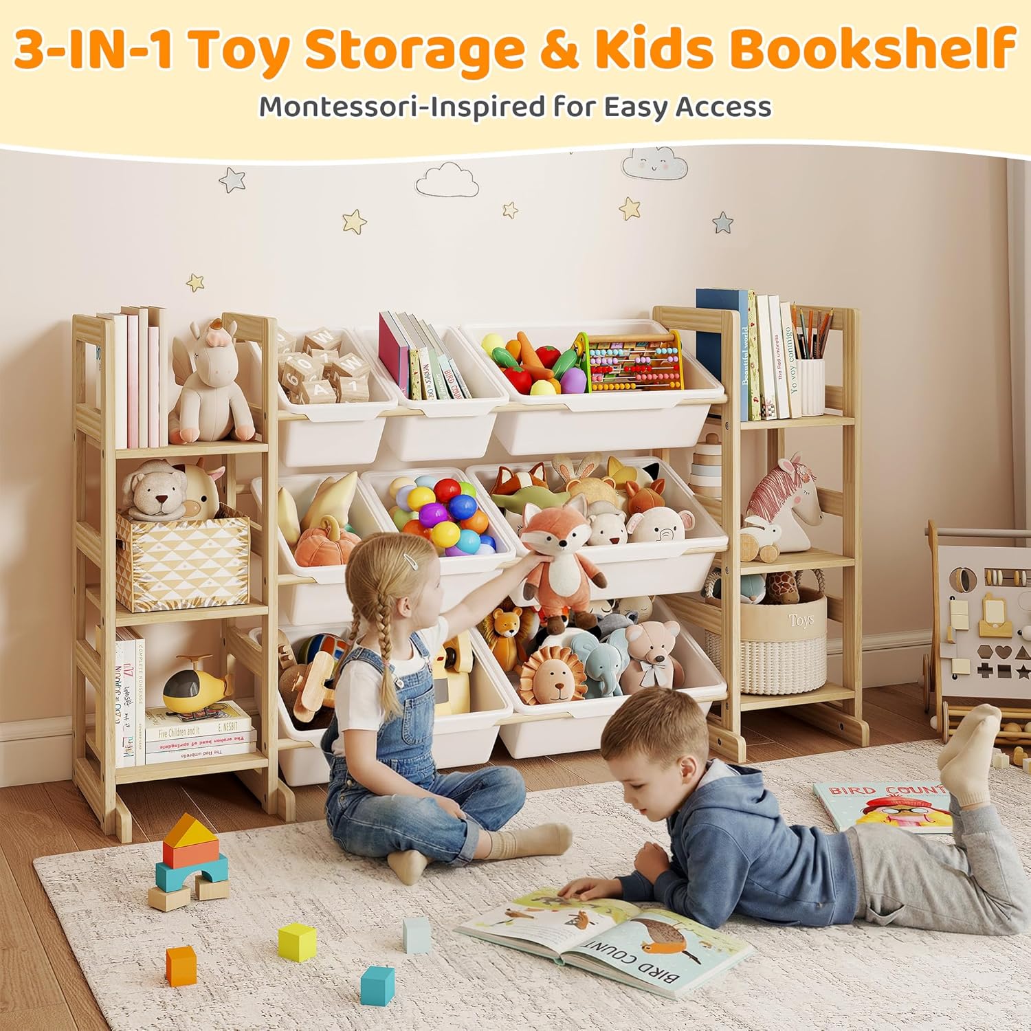 Kids Bookshelf and Toy Storage Organizer, 6-Tier Book Shelf with 9 Toy Bins, Toy Organizer Book Shelf and Storage Bin Unit, playroom Storage for Nursery, Bedroom | Wood & White