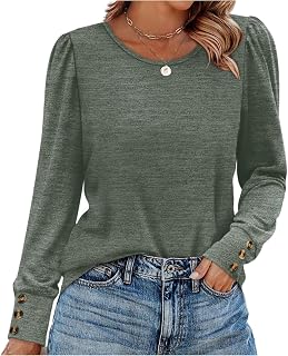 Long Sleeve Tops for Women Crew Neck Puff Dressy Casual Loose Button Up Shirts Fall Basic Tee Blouses Preppy Clothes