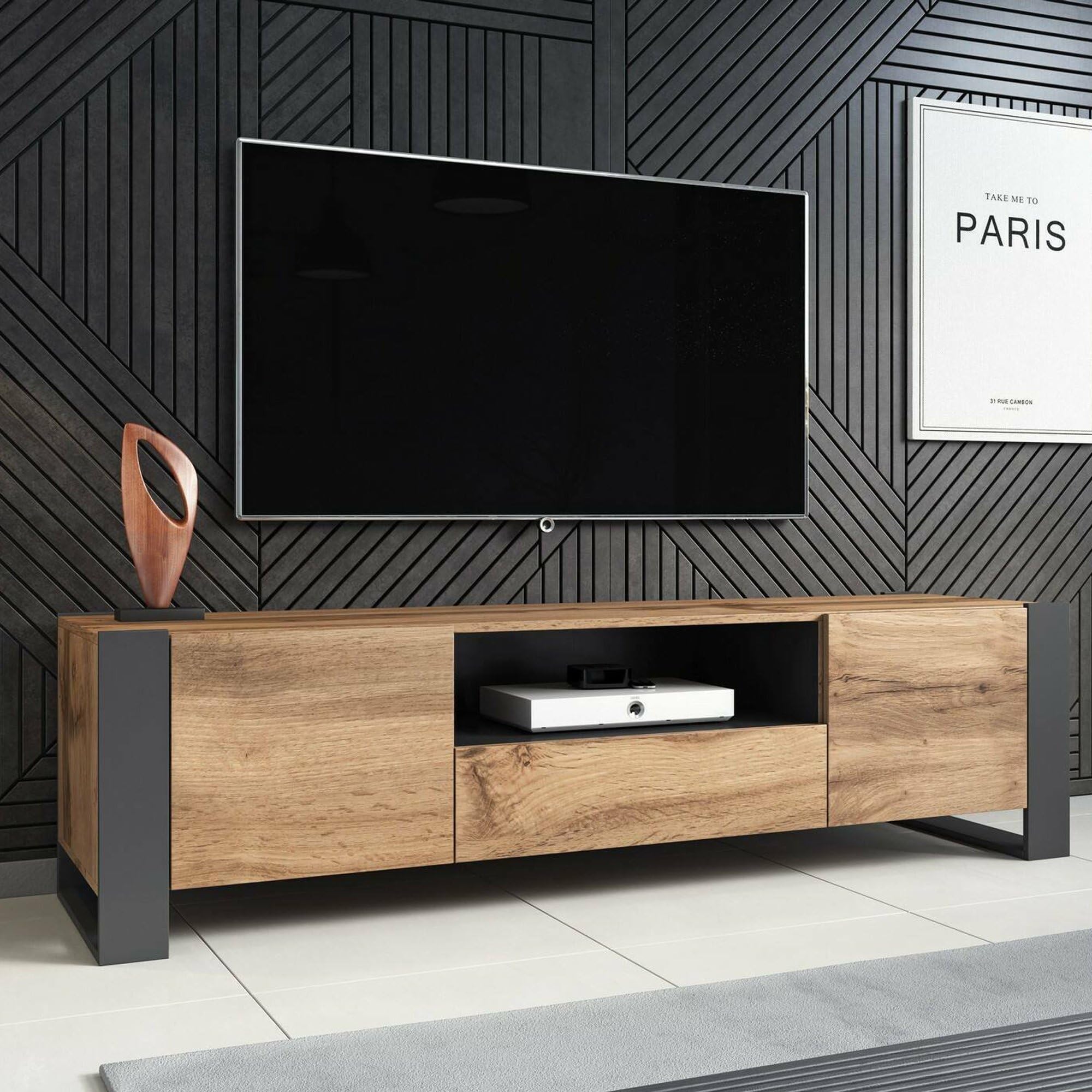 Dmora Mobile Porta tv Dronero 44x180x48h cm Marrone Rovere Nodi 3 Ripiani un Cassetto, 2 Ante