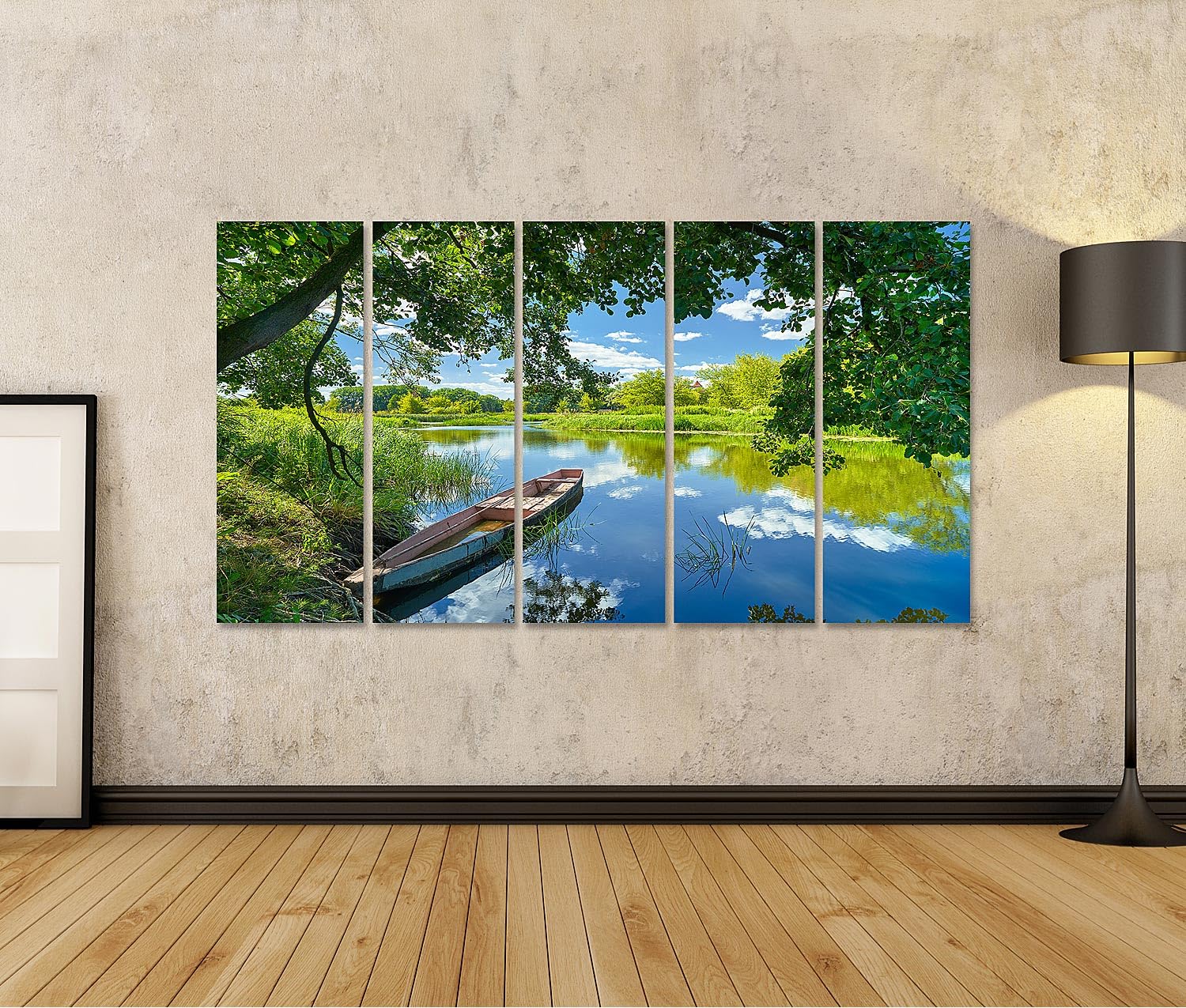 islandburner Primer cuadro sobre lienzo barco en la orilla tranquila del río bajo cielo azul y árbol imágenes murales carteles