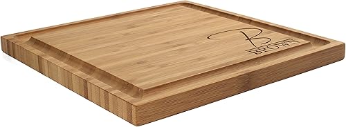 Miniatura 2 de BambooMN Tabla de cortar de bambú grabada con láser personalizada, monograma de letra fina, 1 pieza, 11 x 11 x 0.75 pulgadas (ranurada), regalo de