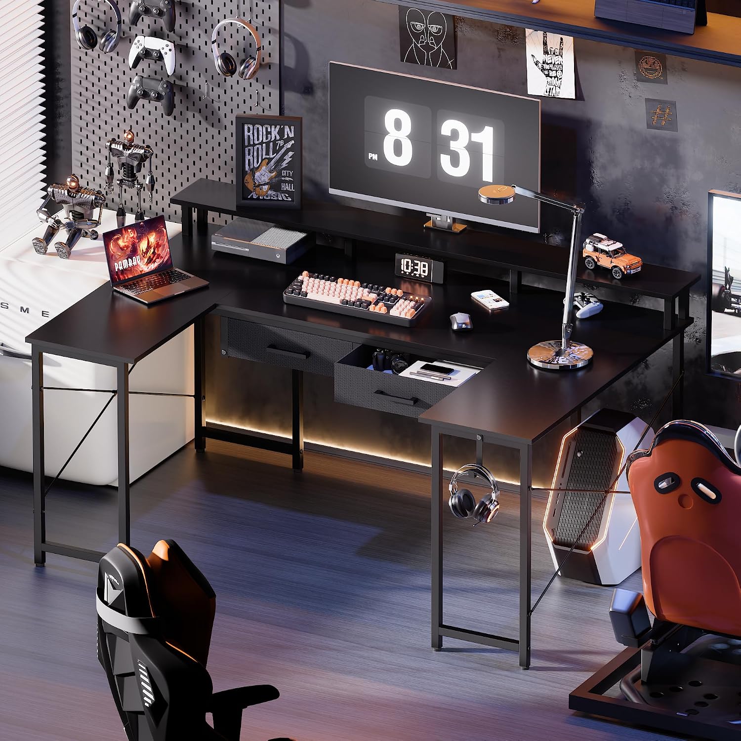 Pamray 55 Inch Gaming Desk with Drawers U Shaped Large Computer Desk