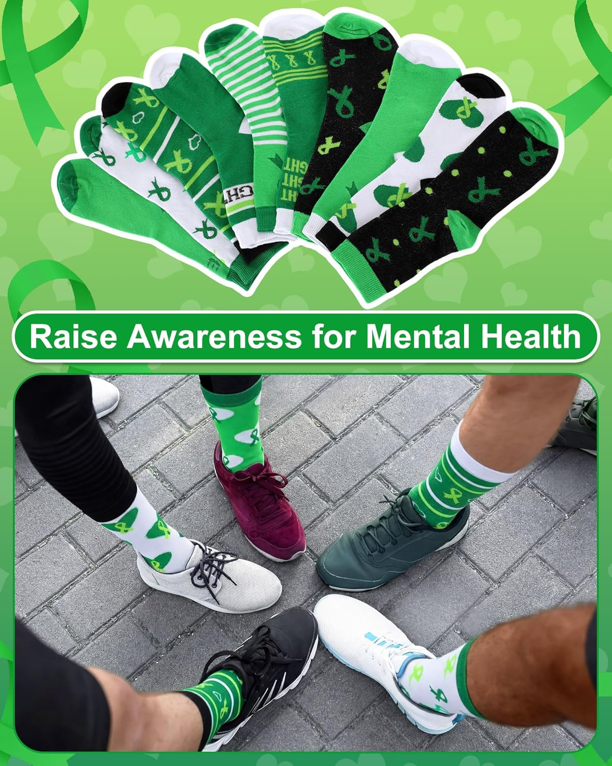 Shinymoon 24 Pairs Mental Health Awareness Socks Bulk Green Ribbon Novelty Crew Sock Gifts for Women Men