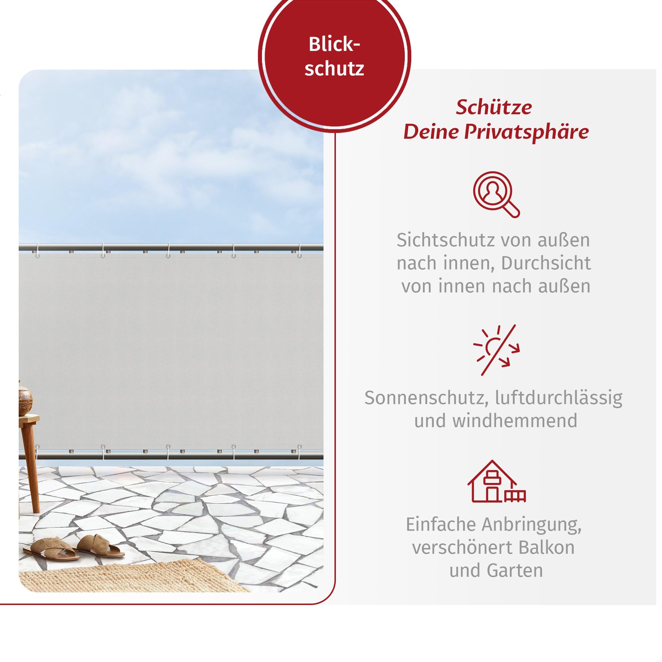 Balkon Sichtschutz Grau 75 x 350 cm inkl. Kabelbinder Wetterfest Blickschutz Balkonverkleidung Balkonbespannung Sonnenschutz Balkongeländer Windschutz Terrasse Garten Deko Ideen Hellgrau TEXBS_1088