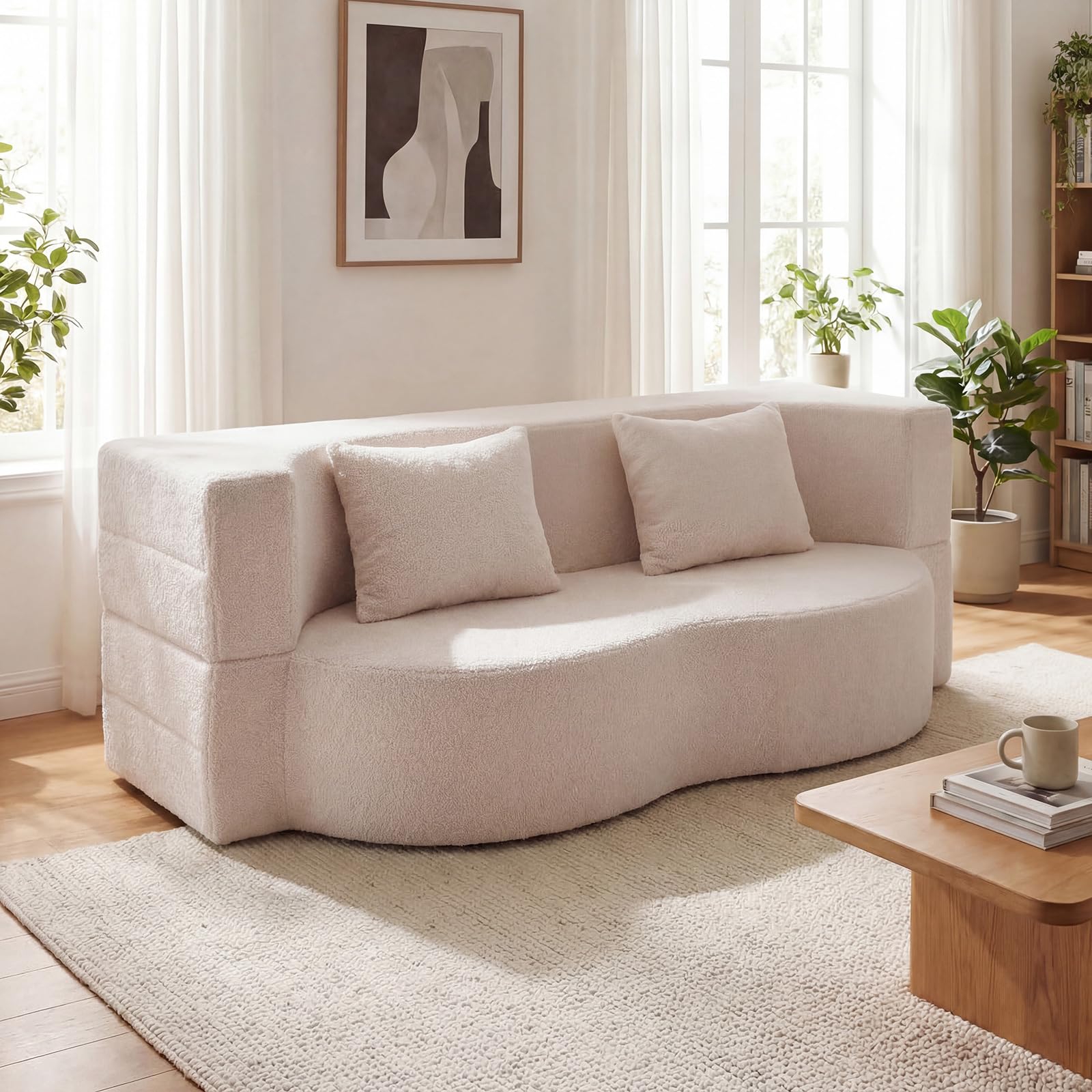 COSTWAY Sofá Cama de 2 Plazas, 192,5 cm, Sofá Convertible en Cama 2 en 1 de Tela de Polar Teddy con 2 Almohadas, sin Montaje, Sofa Comprimido de 2 Plazas sin Marco para Salón Cuarto Invitados (Blanco)