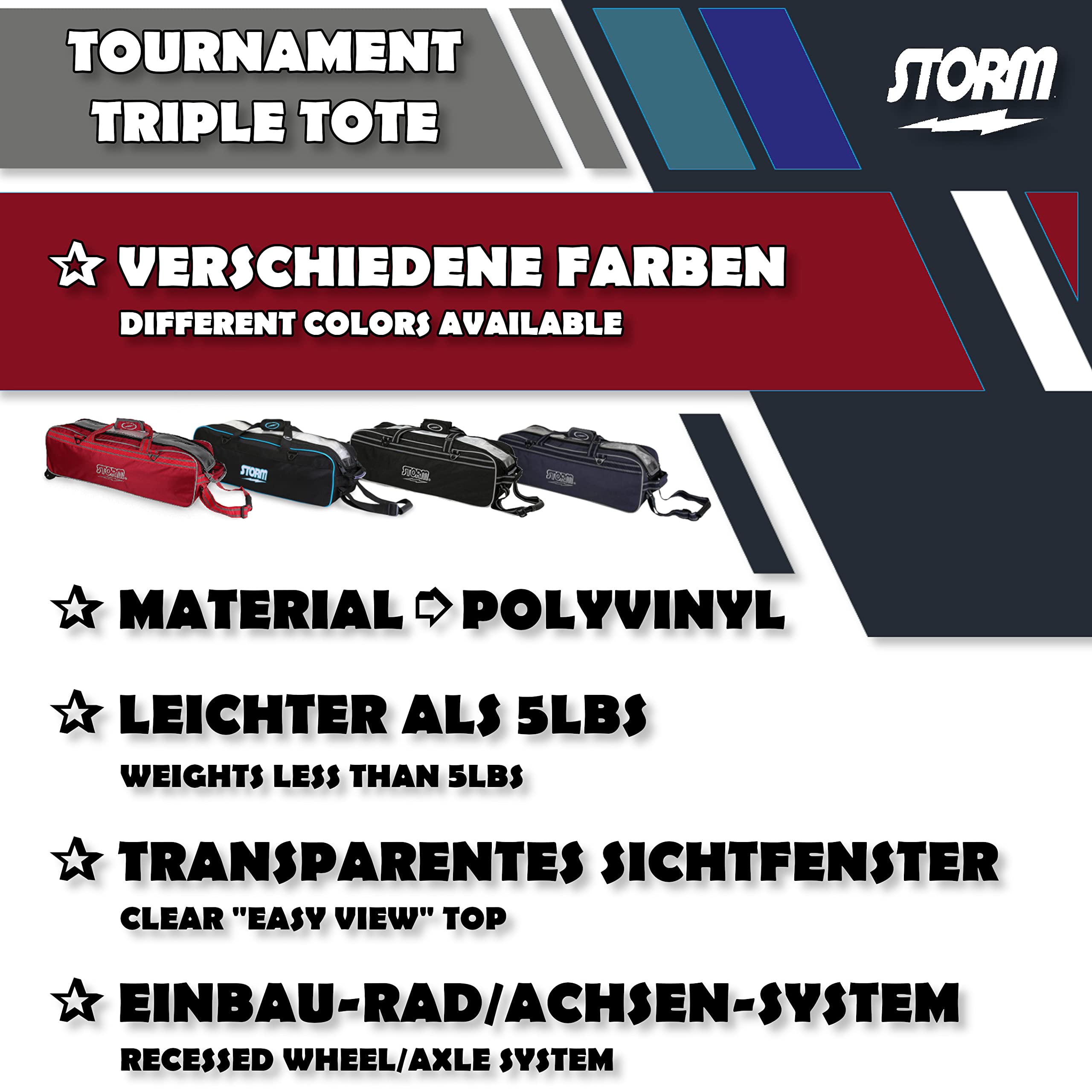Sac de bowling pour 3 balles – Storm Tournament Triple Tote – Sac étroit à trois balles – Extrêmement léger – Fenêtre transparente – Plateau rembourré – Fermeture éclair renforcée – Noir