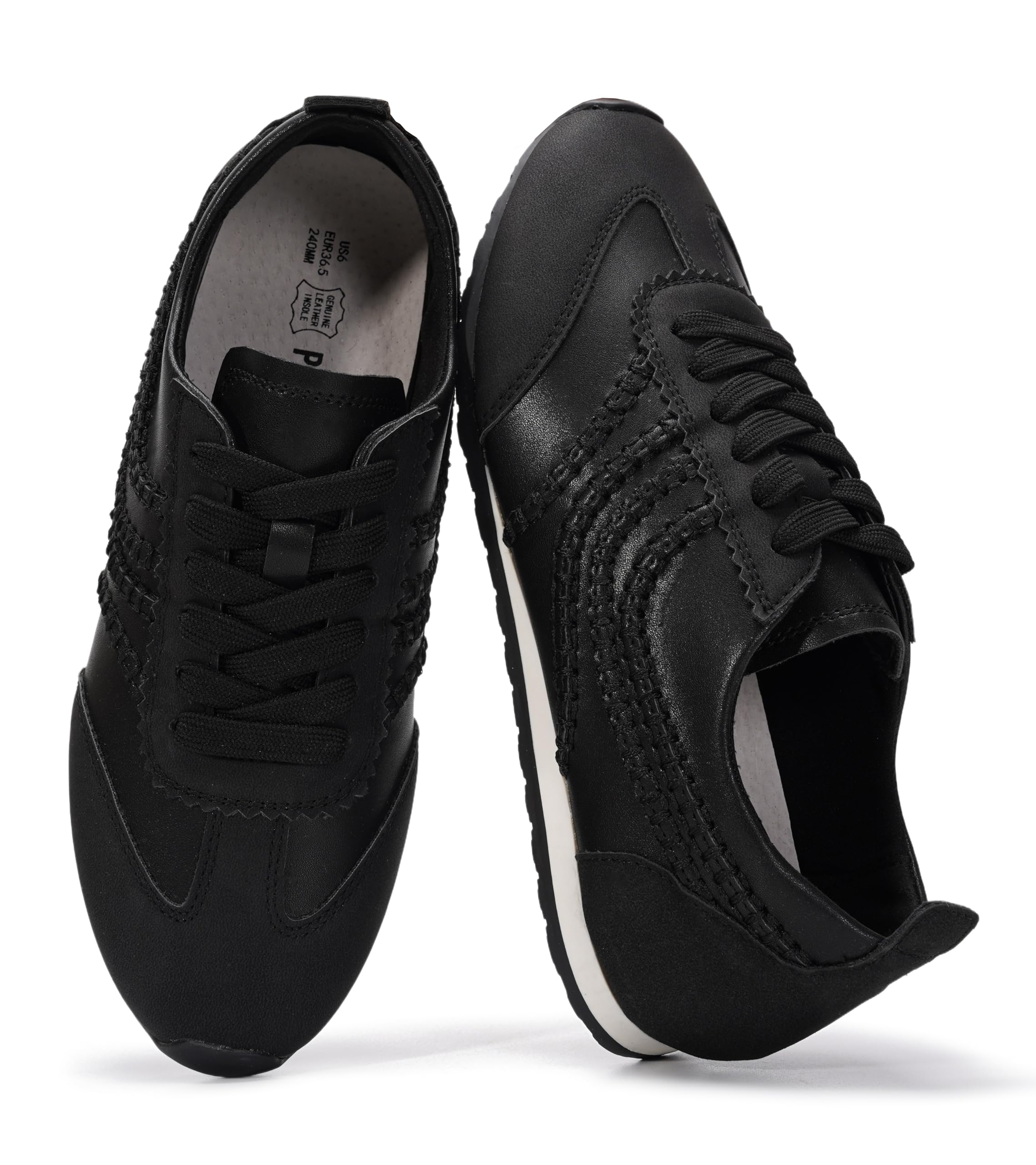 Leather Barefoot Shoes Women – Memory Foam Lace-Up Womens Sneakers – Lightweight & Non Slip Womens Shoes Casual – All-Day Women's Fashion Sneakers for 2026 (Monica,BLKPU,6.5) Black