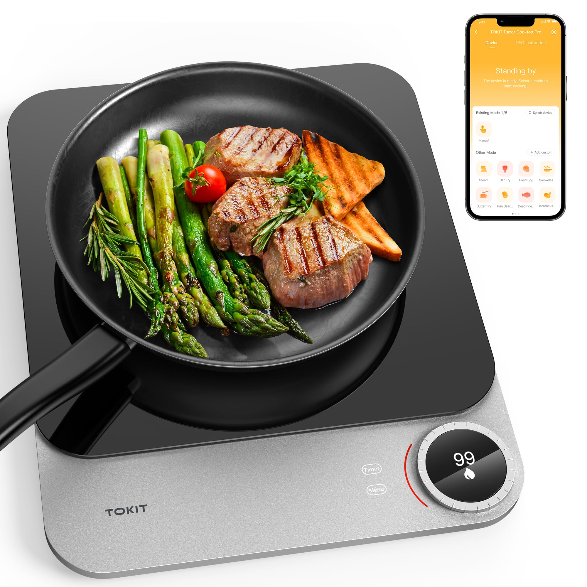 TOKIT Induktionskochfeld 2100 W 1 Platte, Induction Cooker mit APP Kontrol 99 Leistungsstufen, 20mm Ultradünn, Schwarz Für Küche, Wohnheim, Camping (App)