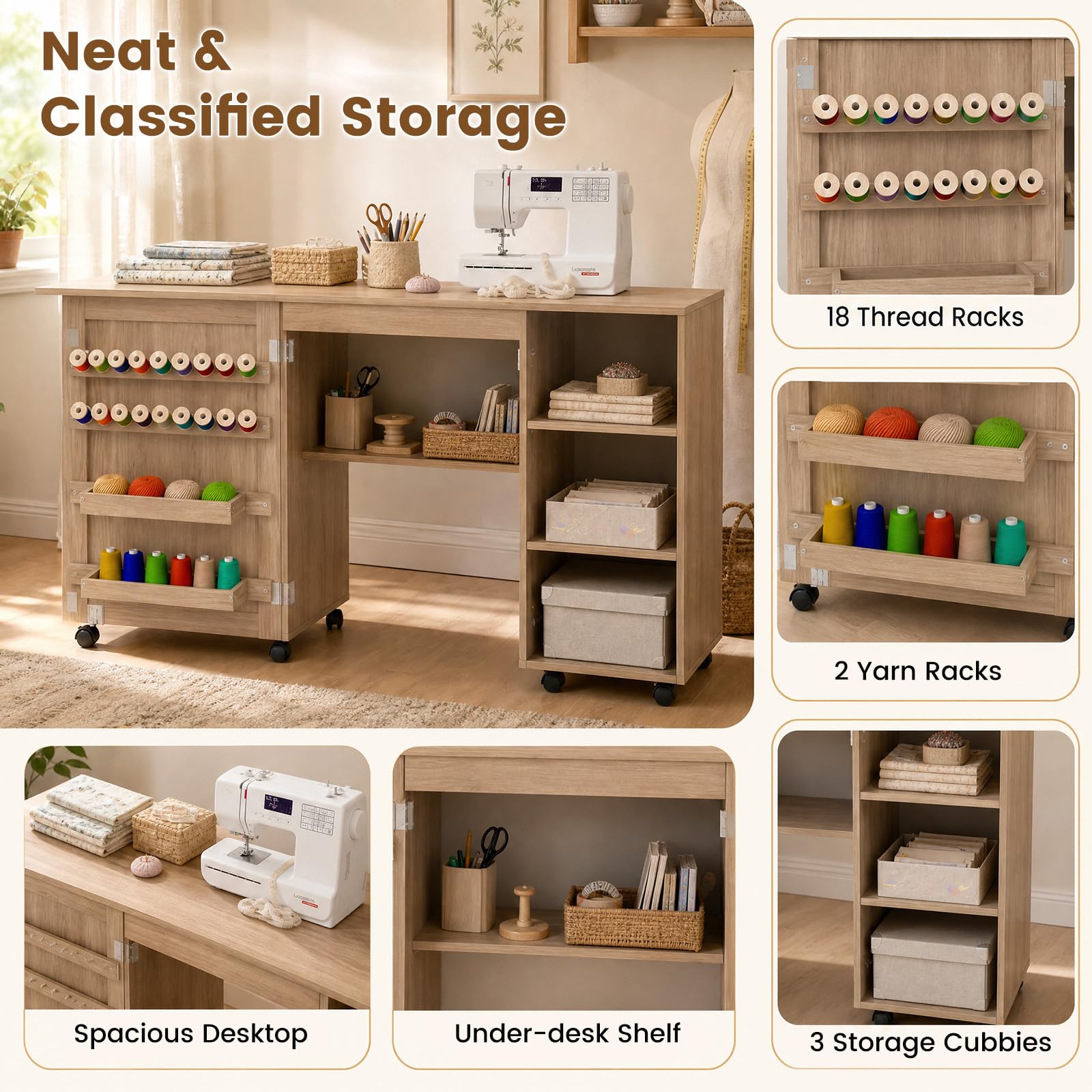 GIANTEX Armario de Costura Plegable con 6 Ruedas (Marrón, sin Cajón) | Mesa de Coser con Estantes Abiertos y Portacarretes, 146x50x78 cm, Mesa Multiusos 2 en 1 para Dormitorio, Salón y Estudio