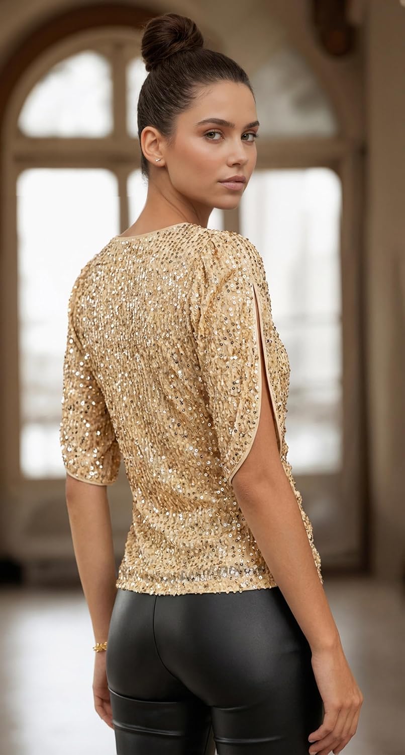 Womens Sequin Tops 3/4 Sleeve Sparkly Tops V Neck Velvet Sequin Shirt Concert Party Club Glitter Top - Image 4