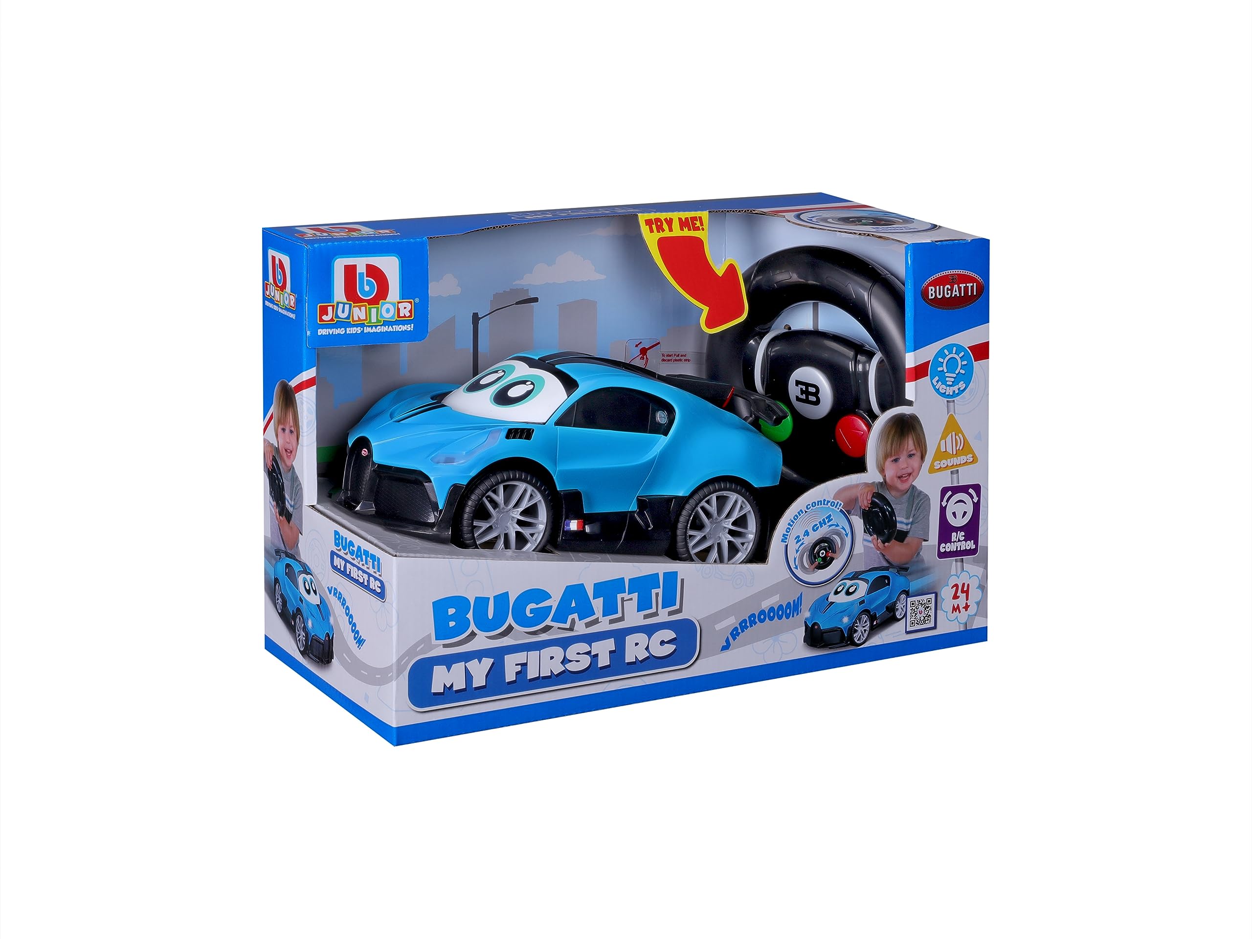 BBJunior My First RC - Bugatti Divo: zdalnie sterowany samochód, od 24 miesięcy, ze światłem i dźwiękiem, częstotliwość 2,4 GHz, w zestawie pilot zdalnego sterowania z czujnikiem ruchu, niebieski