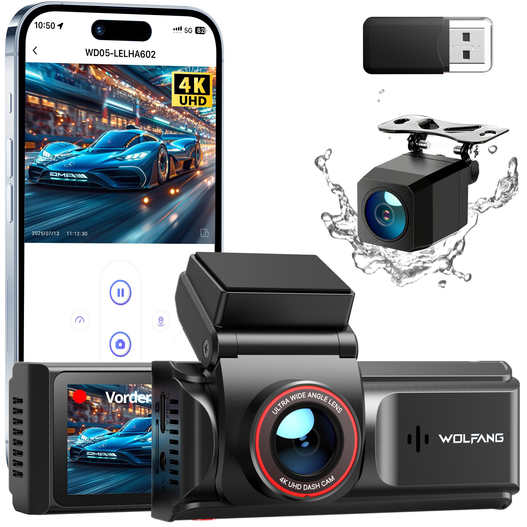 WOLFANG Kamera samochodowa 4K przednia i tylna WiFi Dashcam, podwójna kamera samochodowa z 7.0 cm IPS, super noktowizor, nagrywanie w pętli, czujnik G, szeroki kąt 170, ochrona parkowania