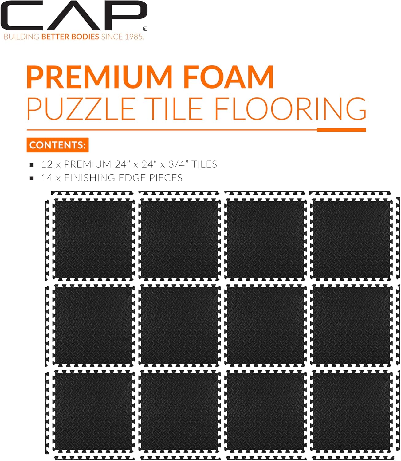 CAP Barbell 3/4-Inch Interlocking EVA Foam Exercise Puzzle Mats - 2 Pack | 24" x 24" x 3/4" | Diamond Pattern - Black