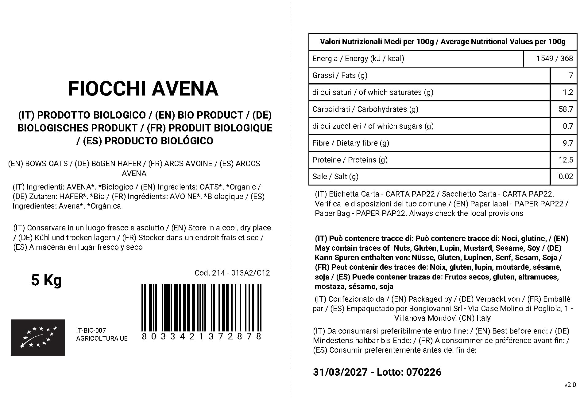 BONGIOVANNI FARINE E BONTA' NATURALI Fiocchi d'Avena BIO - 5 Kg