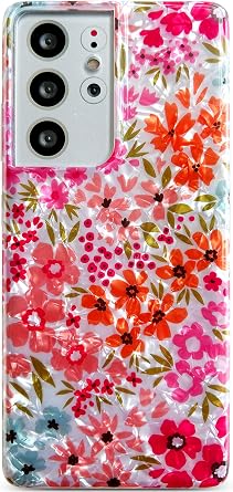 Qokey for Galaxy S21 Ultra 5G Case, Cute Flower Case for Girl Women Shell Pattern Sparkle Crystal Translucent Soft Fit TPU Phone Cover for Galaxy S21 Ultra 6.8", Clear Pink Floral