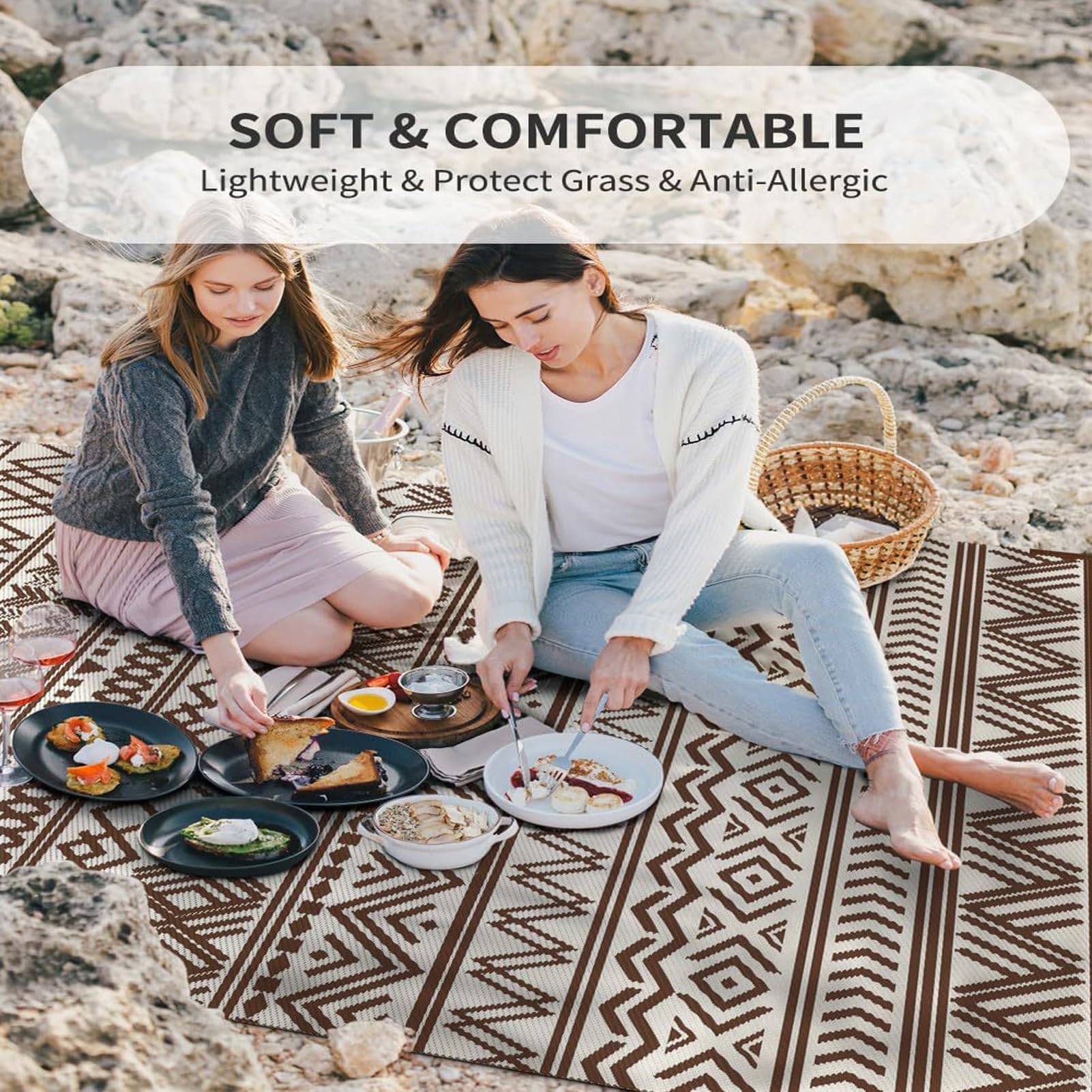 GAOXIAO Tapis D'extérieur Imperméable et Réversible, Tapis de Jardin Bohème Résistant aux UV Pluie pour Terrasse Balcon Salon Plage Camping Pique-Nique Lavable Coffee 200 * 300cm
