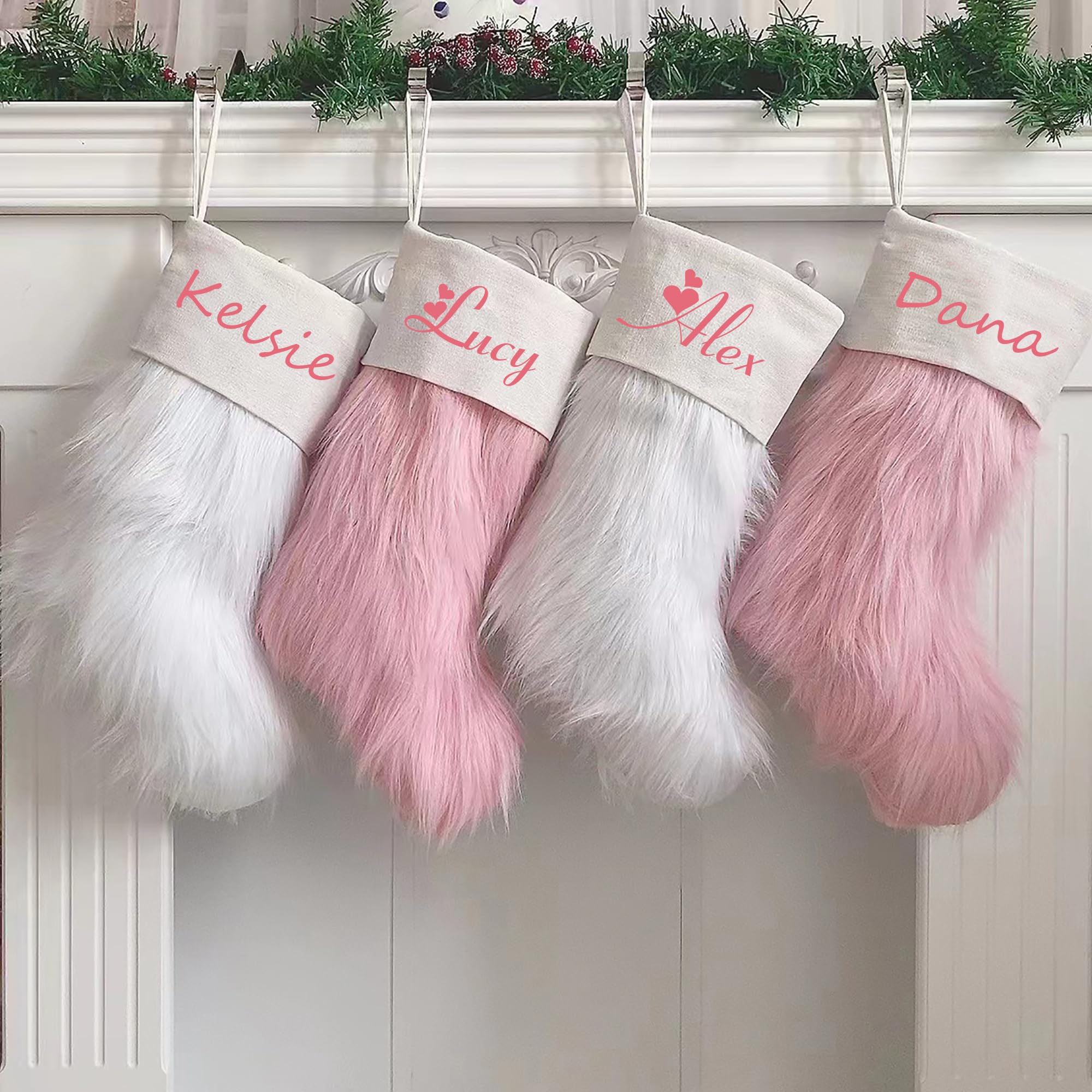 Calza Natalizia in Finta Pelliccia Rosa con Nome Personalizzato Decorazioni Natalizie Calzini da Appendere Ornamenti Camino Decorazioni Ornamenti