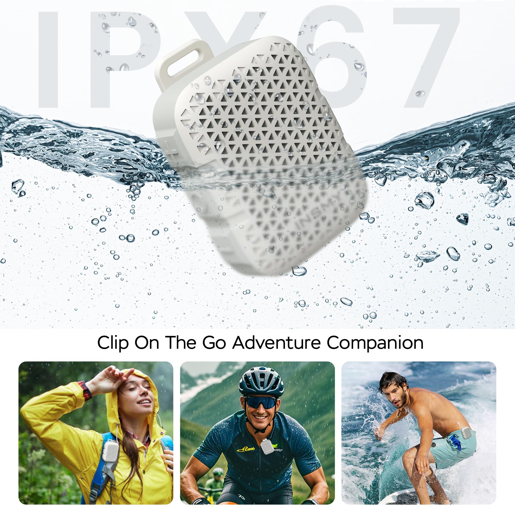 INSMY Altavoces Bluetooth portátiles, resistentes al agua IP67, altavoz personal pequeño portátil con clip, sonido limpio, par estéreo, micrófono inalámbrico 5.4/ENC integrado, ligero para golf