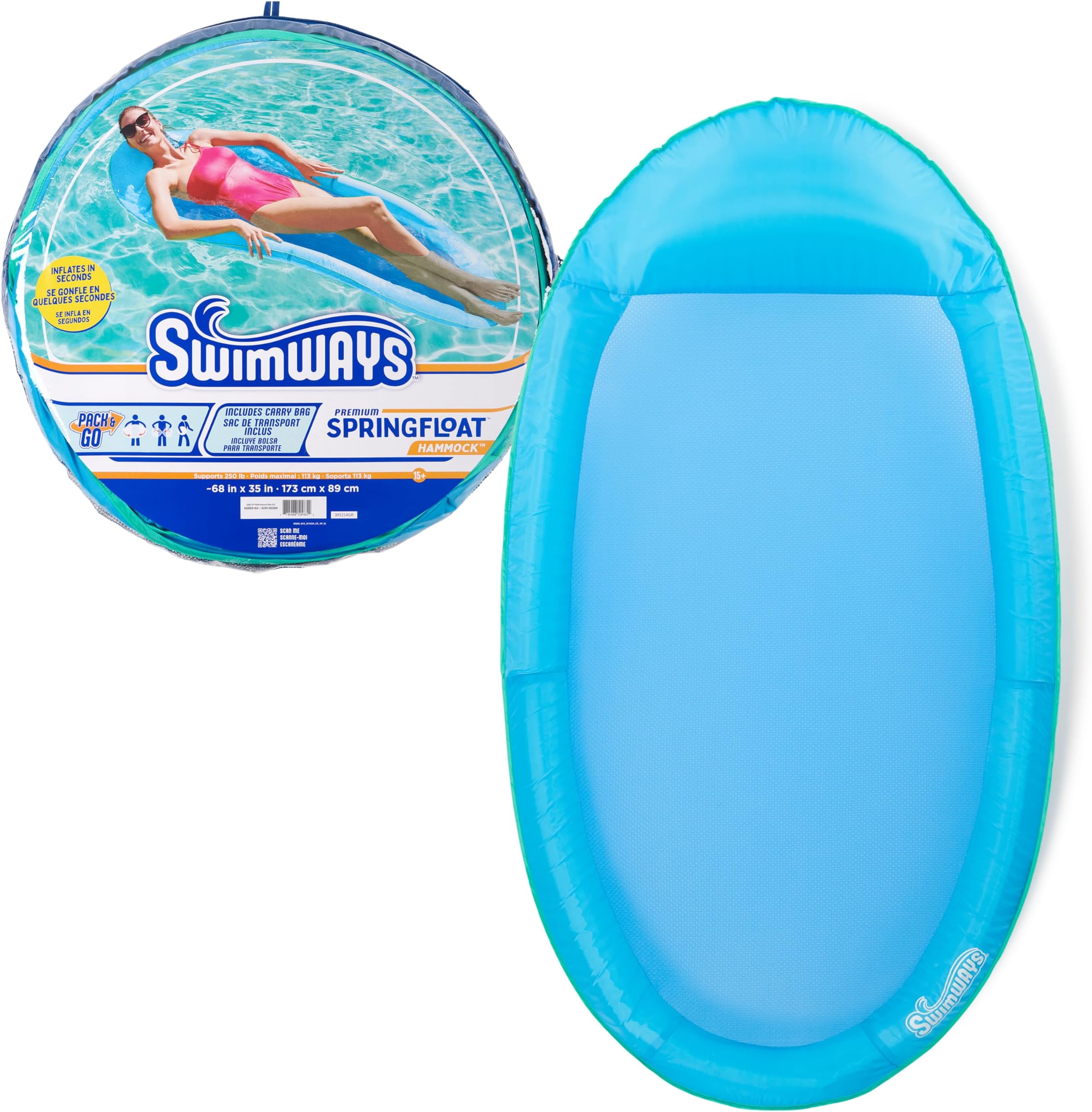 Spring Float Premium Hammock Pool Lounger, Inflatable Pool Floats Adult with Fast Inflation for Ages 15 & Up, Sky Blue