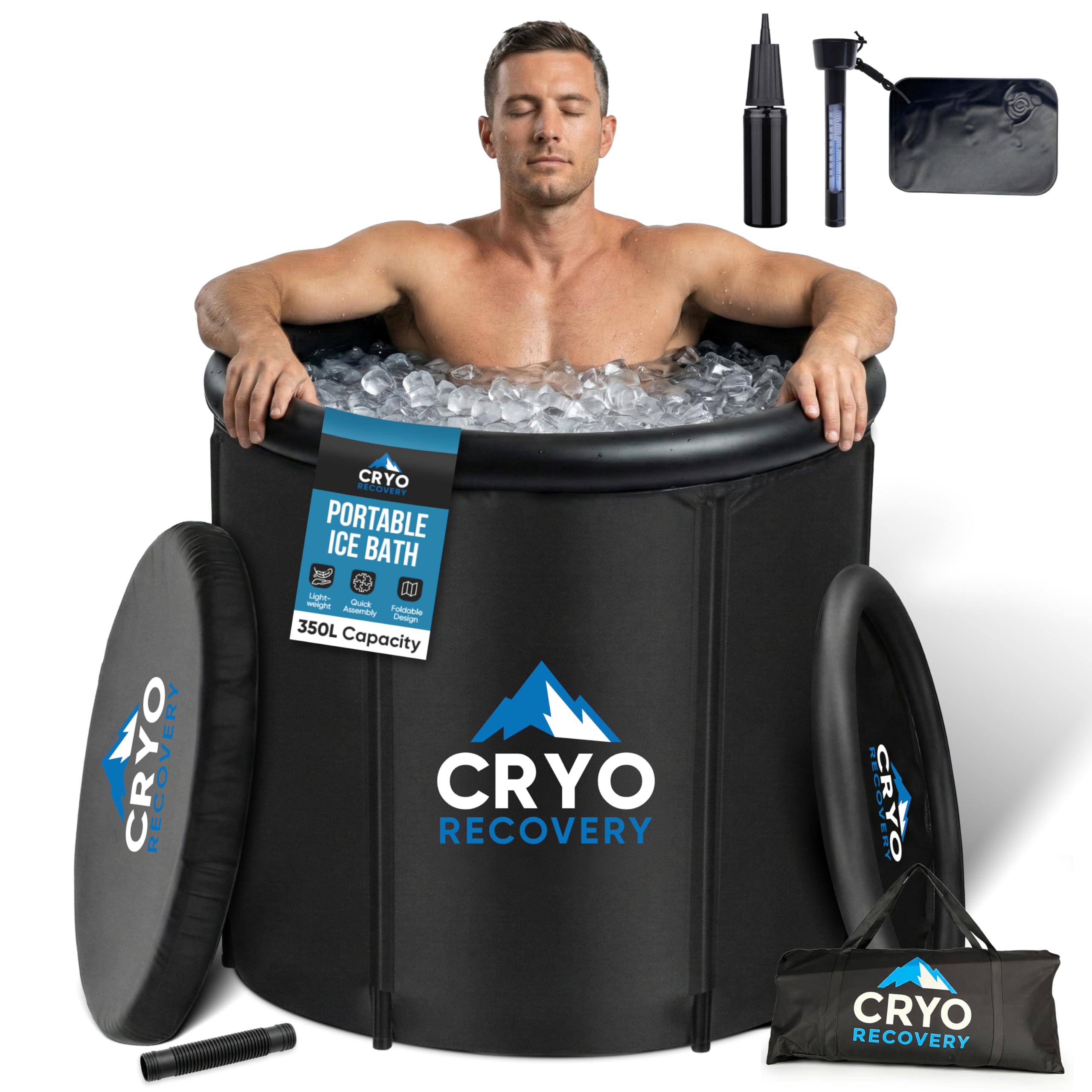 Cryo Recovery Portable Ice Bath Tub – Foldable Cold Plunge for Muscle Recovery & Therapy | Large 350L Capacity with Lid, Drain Hose, Thermometer & Carry Bag