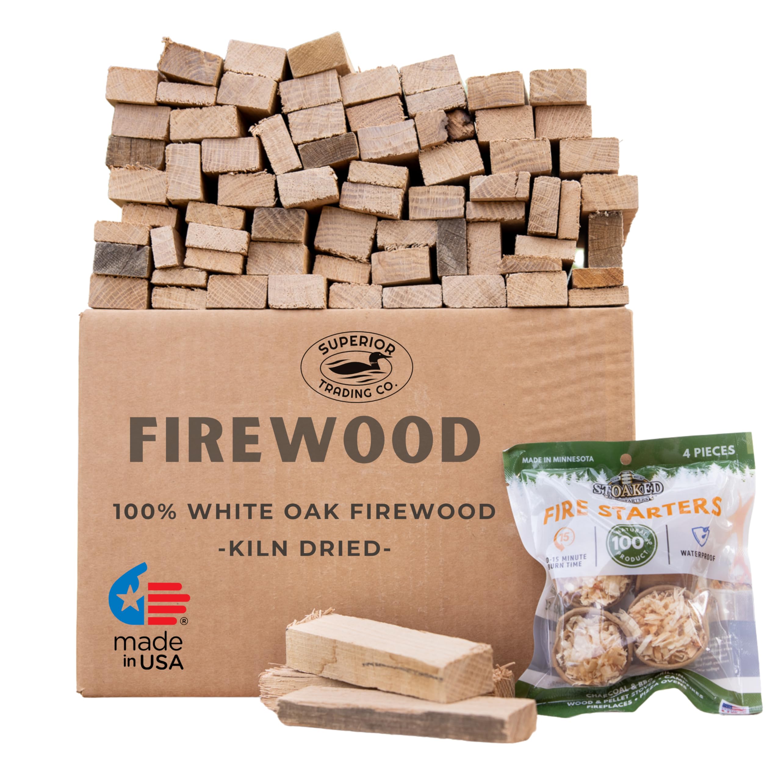 Superior Trading Oak Mini Fire Wood w/Fire Starter Pods, Winter Fireplace Starter, Wood Stove, USDA Cert 4-5” Kiln Dried Firewood, USA Made, 10-11 lbs in Plastic Storage Box