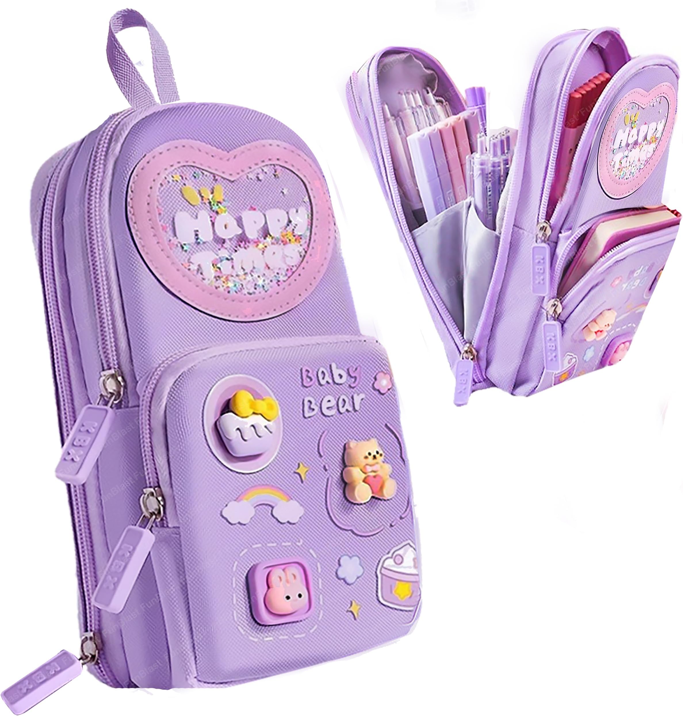 FunBlast Pencil case for Girls, Large Capacity Hangable Triple Layer Canvas Pencil Case, Cute Bunny Teddy for Girls, Kawaii Pencil Case, Purple, 21 X 11 X 7 CM, Pencil Case
