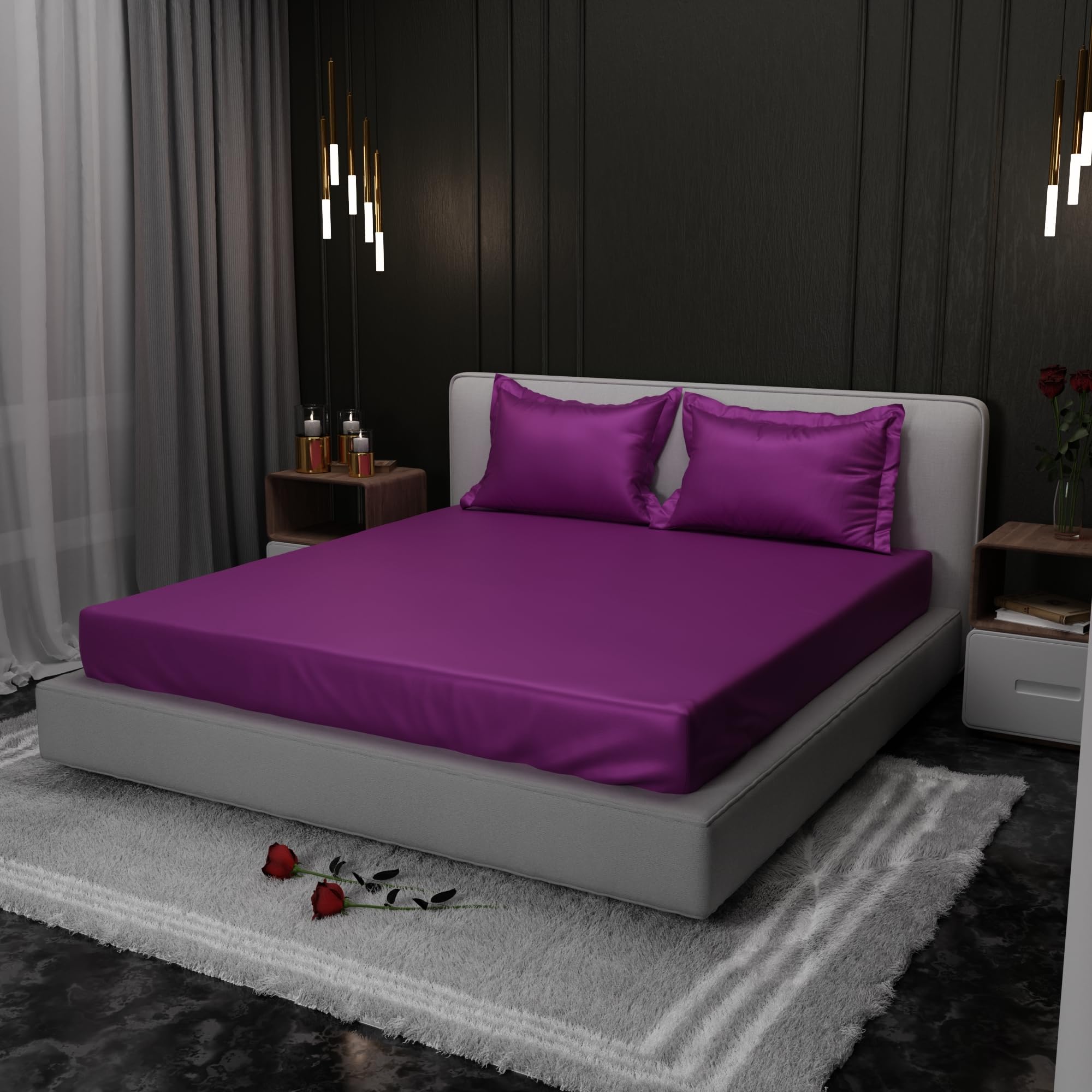 Stoa Paris 300TC UltraSatin Double Bedsheet Set, 10” Drop Fitted Bedsheet with 2 Pillow Covers, Hypoallergenic, Wrinkle Free, Aesthetic Bedding, Home Decor, Gift, Date Night - Plum