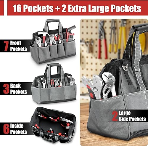 Miniatura 3 de HARDELL Bolsa de herramientas, organizador de caja de herramientas de 15 pulgadas para hombres, resistente, 18 bolsillos, cojinete de carga de 88