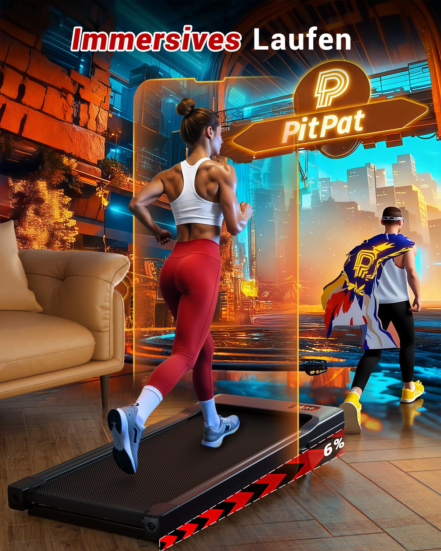 Superun Walking Pad mit Steigung 6%, Laufband für Zuhause mit App max 6km/h und 12km/h Version, Schreibtisch- Laufband bis 136 kg Belastbar mit Multiplayer-Rennen und Trainingskurse Erlebnis vor Ort