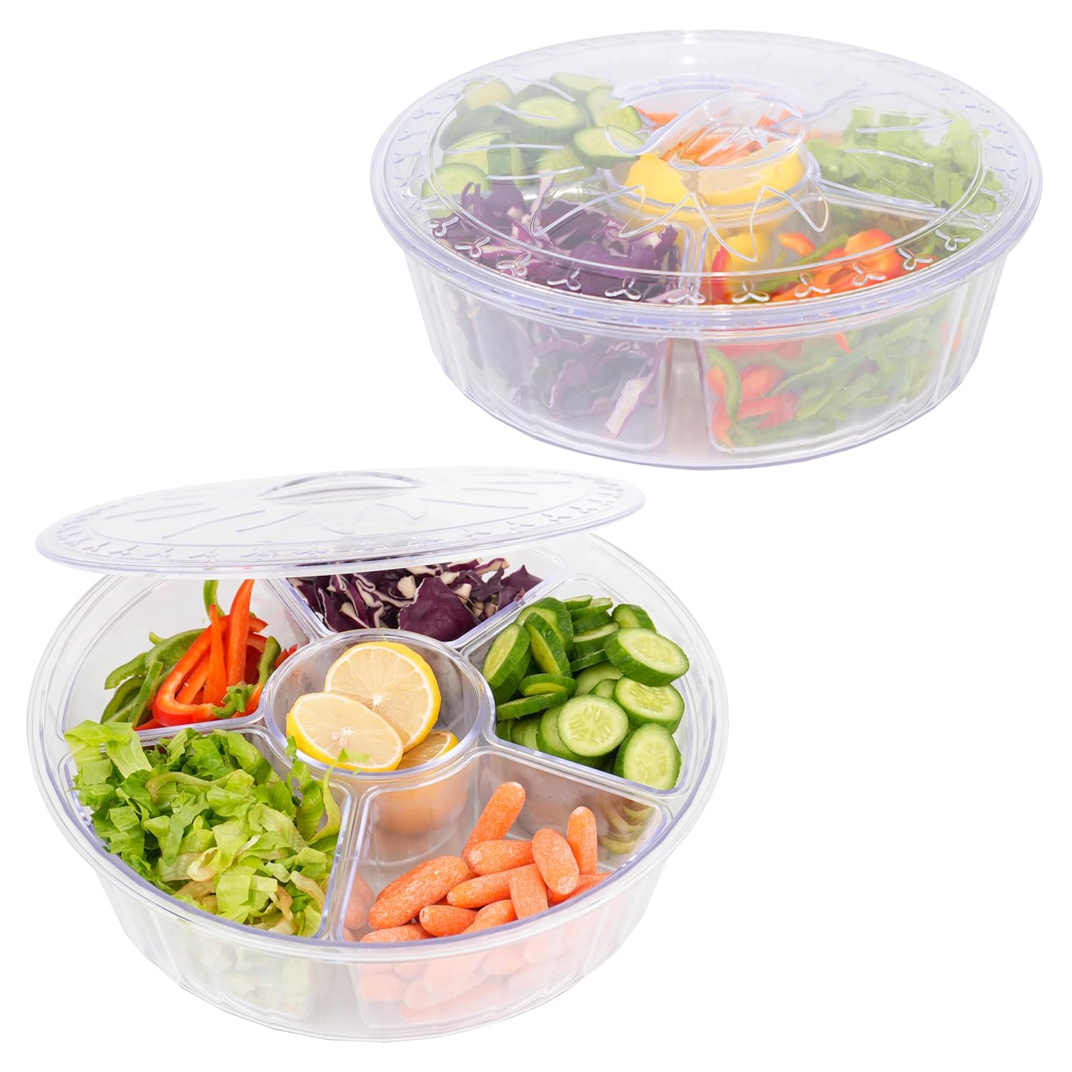 PUREKRA 2 Pack Clear Divided Veggie Tray with Lid, Round Vegetable Tray