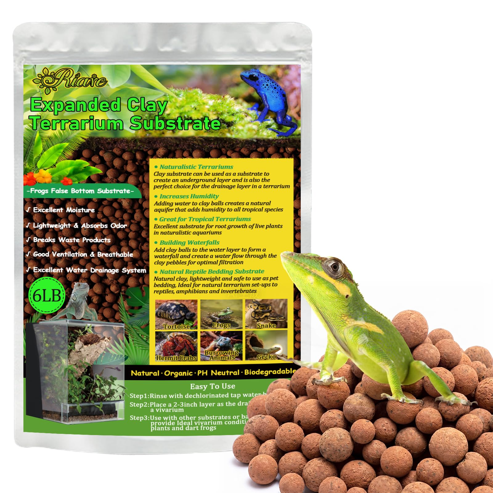 Riare Bolas de arcilla expandidas de 6 libras, sustrato de terrario para reptiles – 100% orgánico ligero arcilla guijarros sustrato ranas falso sustrato inferior sustrato de terrario bioactivo para