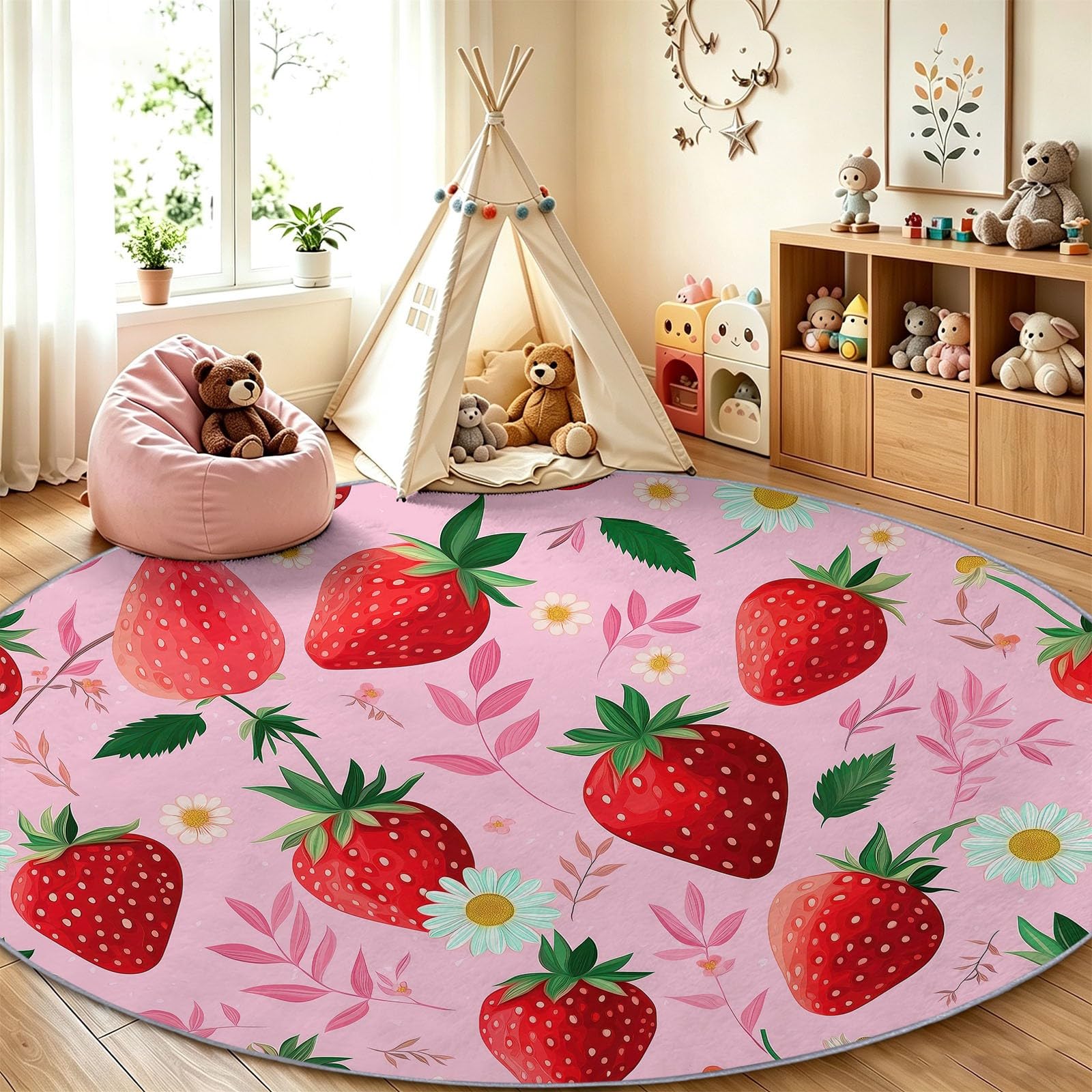 Tapis salon et chambre enfant mignon fraise fleurs rose aquarelle 120cm