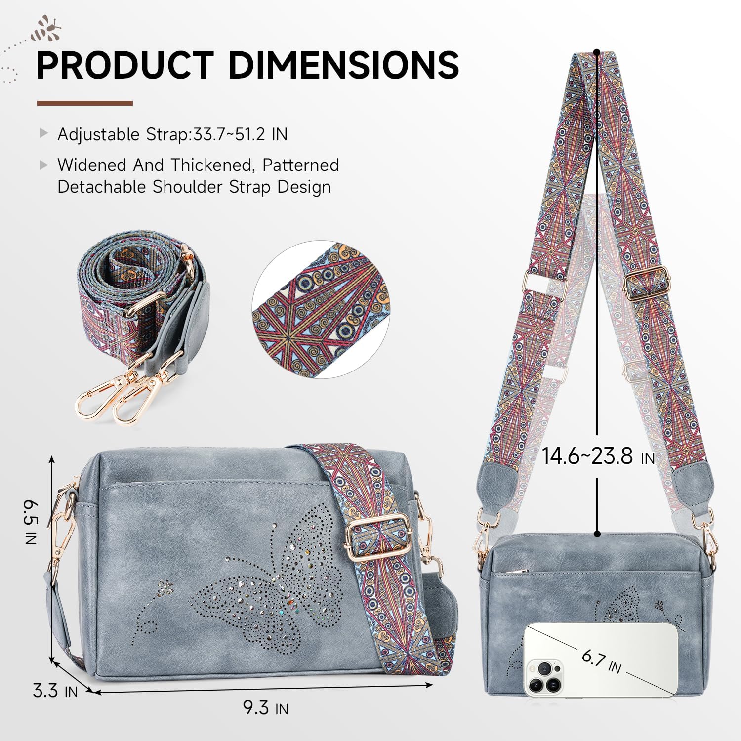 Crossbody Bags for Women, Vegan Leather Small Crossbody Purse Butterfly Shoulder Handbags with Wide Strap - Image 6