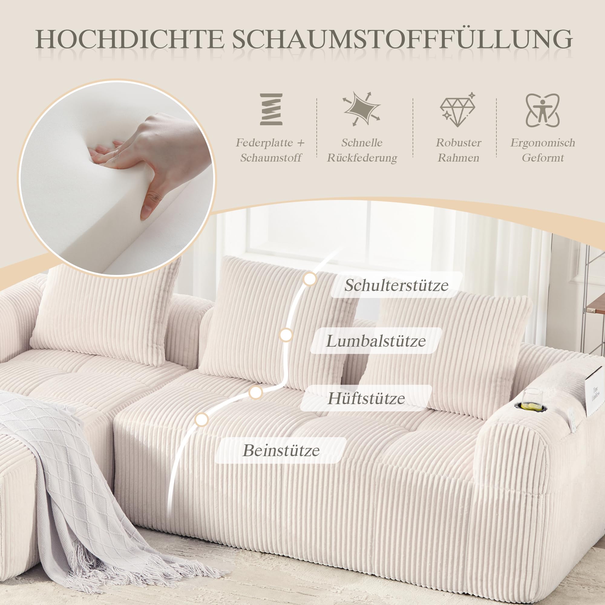 Canapé d'angle convertible, 253 cm, canapé compressé 3 places avec porte-gobelets et poches latérales, canapé modulable en velours côtelé avec méridienne en L pour salon - Aucun montage requis