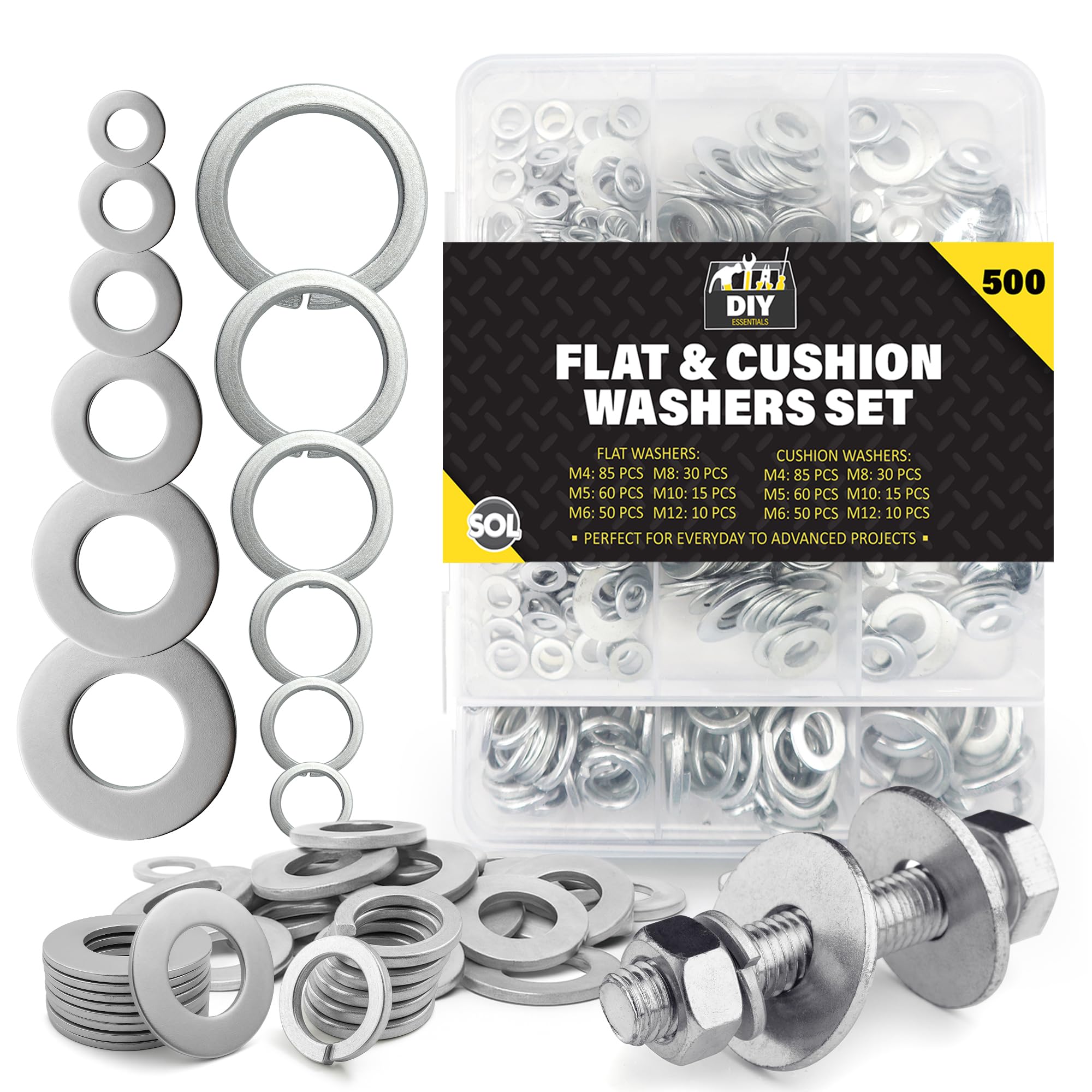 SOL 500pc Flat and Spring Cushion Washers for Screws 12 Sizes Small to Large