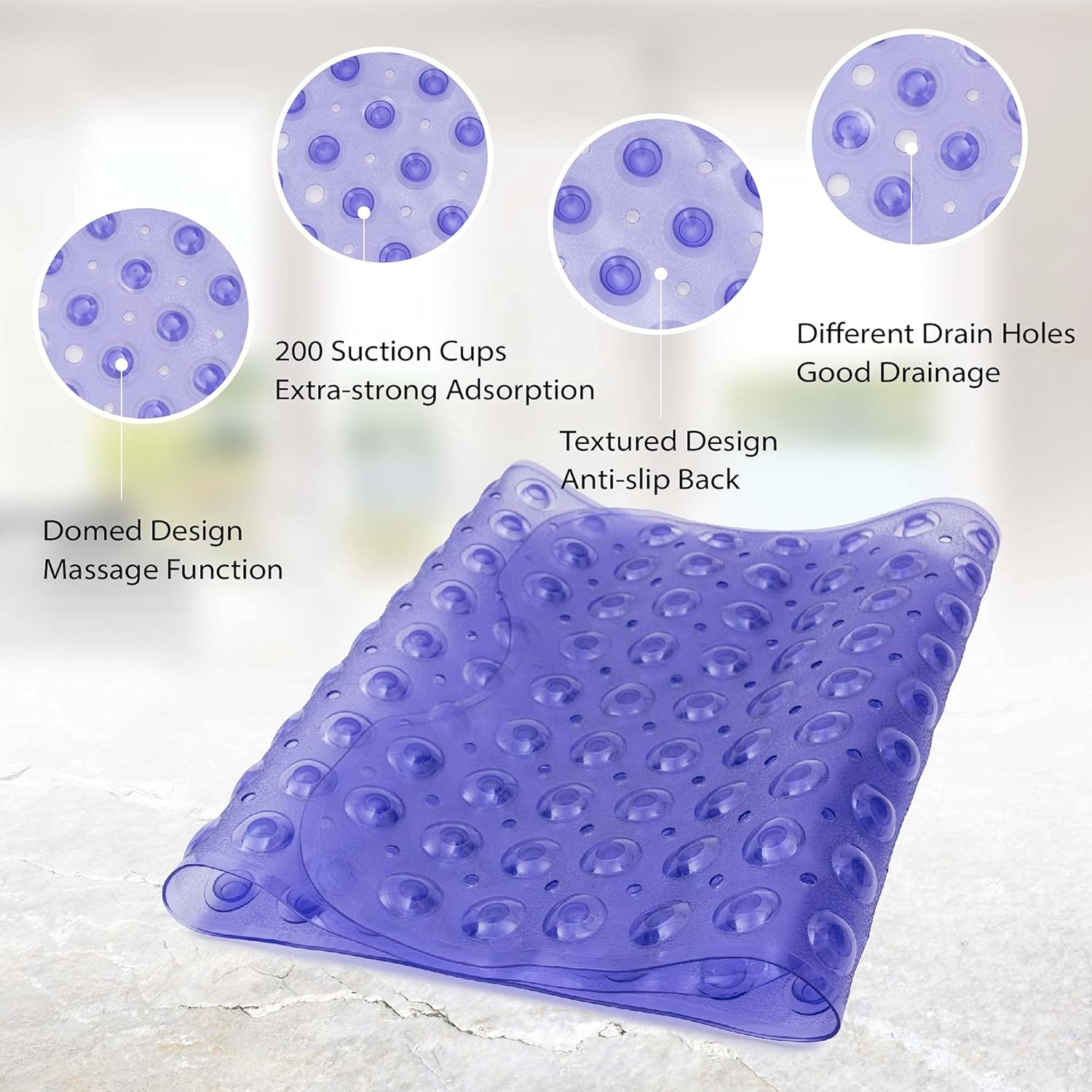 Shower Mat Non-Slip Bath Tub Mat with Suction Cups and Drain Holes Bath Mats for Bathroom Shower Floor Mat Anti Slip Bathtub Accessories, 16” x 39”, Purple : Home & Kitchen