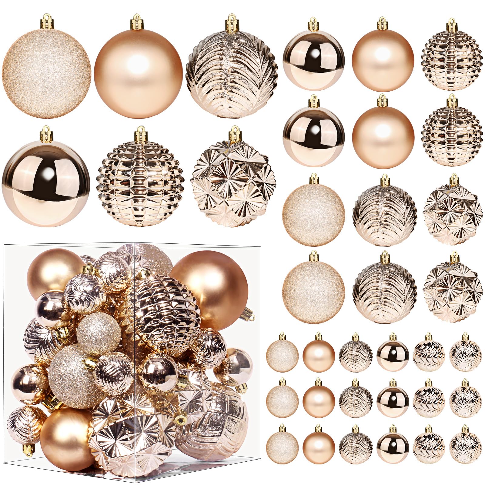 Christmas Ball Ornaments, 36pcs 3 Sizes Tree Decorations for Xmas Tree, Shatterproof Hanging Baubles Decorations for Wreath Party Ornaments (Multi-Styles,Champagne)