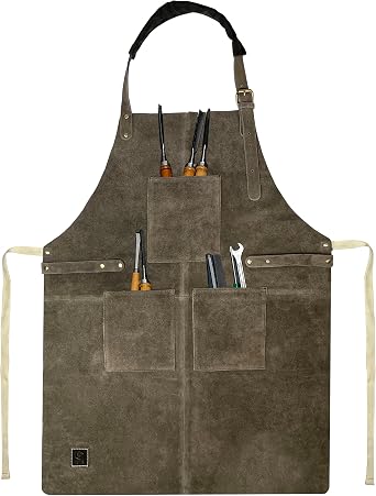 Leather Grill Work Apron with Tool Pockets - Adjustable up to XXL for Men
