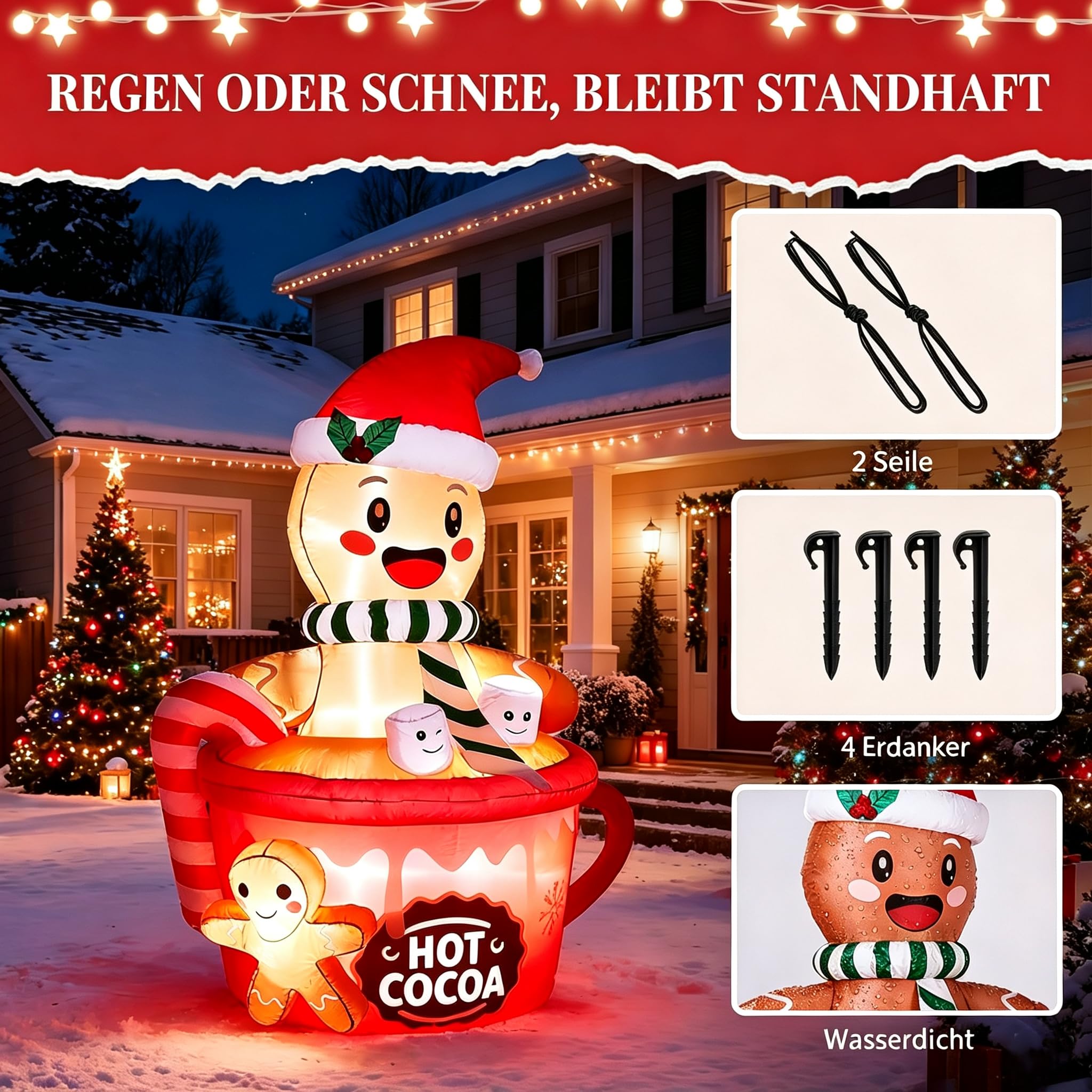 Bonnlo 180 cm Aufblasbarer Lebkuchenmann im Tassen-Design – 5 LEDs, Wetterfest, inklusive Befestigungsmaterial, Weihnachtsdeko Aufblasbar für Innen & Außen