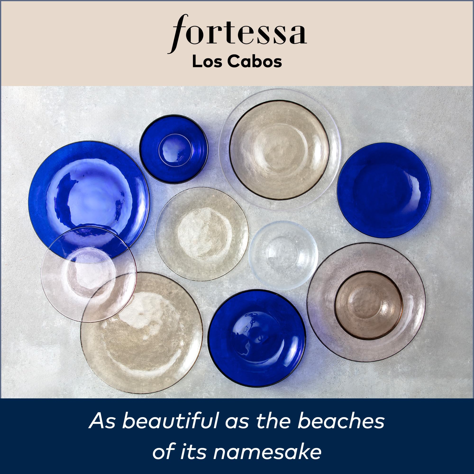 FORTESSA Los Cabos Geschirr 16-teiliges Glasgeschirr Set mit 4 Speisetellern, 4 Salattellern, 4 Coupé-Schalen und 4 Müslischalen, spülmaschinenfestes Glasteller-Set - Klar