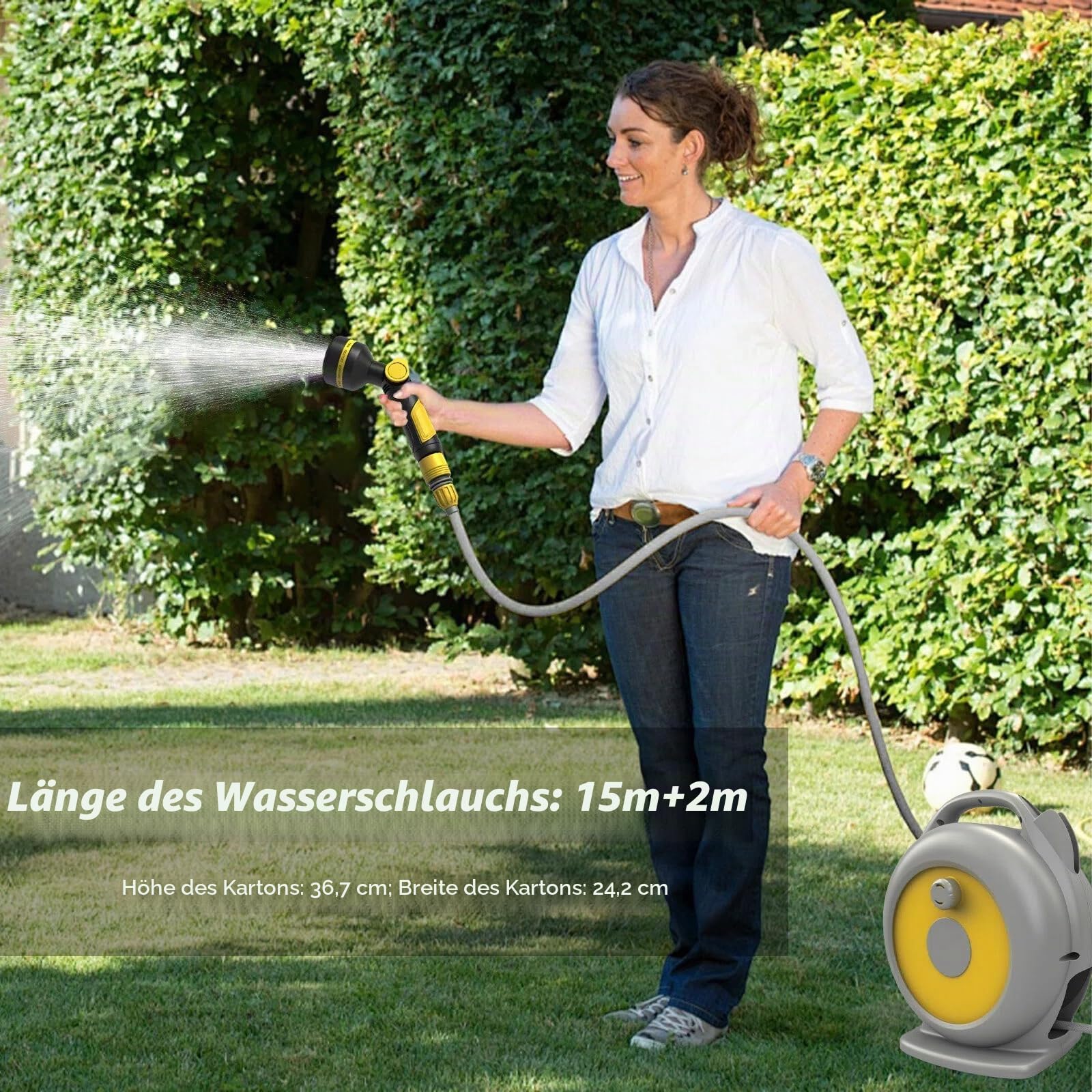 Garten Schlauchtrommel, Mobile Einziehbarer Gartenschlauch, Schlauchaufbewahrung mit 10-Funktionen-Multi-Handbrause, Schlauchaufroller für Ordentlich und tragbar, mit 15m Gartenschlauch